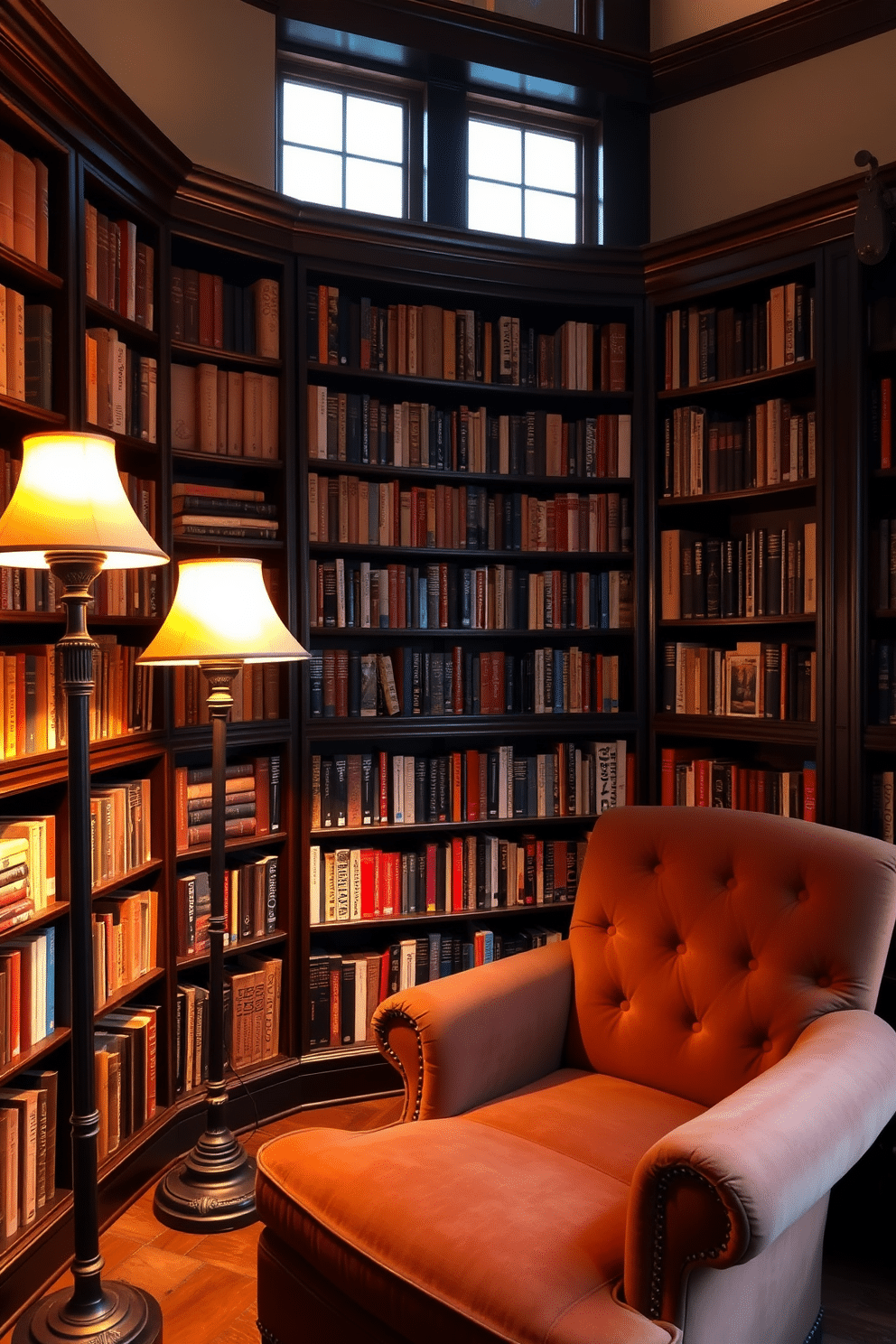 A cozy home library bathed in warm lighting from elegant antique floor lamps. The walls are lined with dark wooden bookshelves filled with an array of books, while a plush, oversized armchair invites you to settle in with a good read.