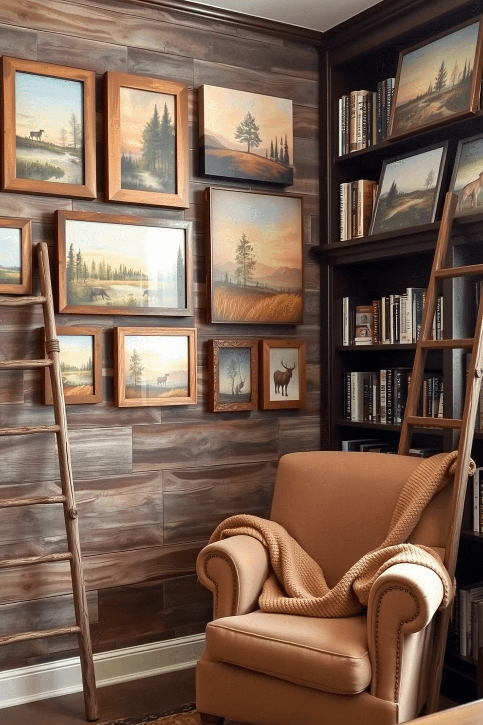 A collection of rustic wall art showcasing nature themes, including wooden frames and canvas prints of serene landscapes and wildlife. The art is arranged in a gallery style on a weathered wood wall, complemented by soft, ambient lighting that enhances the natural textures. A cozy home library designed with rustic elements, featuring dark wooden bookshelves filled with an eclectic mix of books. A plush, oversized armchair sits in the corner, draped with a warm throw blanket, while a vintage ladder leans against the shelves for easy access to the higher books.