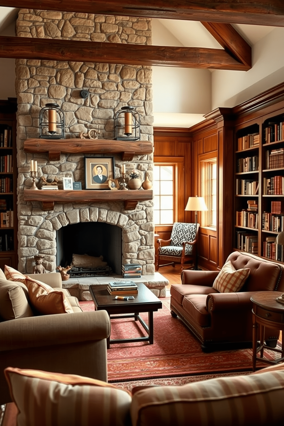 A rustic stone fireplace serves as the focal point of the room, with a sturdy wooden mantel adorned with carefully selected decor. Surrounding the fireplace, cozy seating arrangements invite relaxation, while warm, earthy tones create an inviting atmosphere. The home library features built-in wooden shelves filled with books, complemented by a plush reading nook bathed in natural light. Rich textiles and vintage accessories enhance the rustic charm, making it a perfect retreat for book lovers.