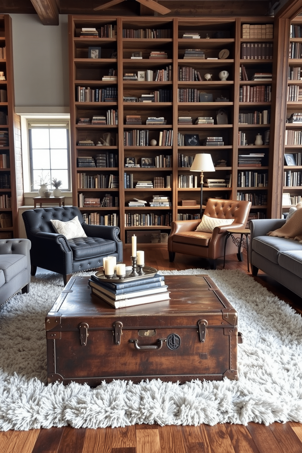 A vintage trunk serves as a stunning coffee table centerpiece, adorned with a stack of worn books and a decorative tray holding candles. Surrounding the trunk, a plush area rug anchors the seating area, which features a pair of tufted armchairs and a sleek sofa in muted tones. The rustic home library is designed with reclaimed wood bookshelves that stretch from floor to ceiling, filled with an eclectic mix of books and decorative items. A cozy reading nook is created with a vintage leather armchair, a small side table, and a warm throw blanket, illuminated by a wrought-iron floor lamp.