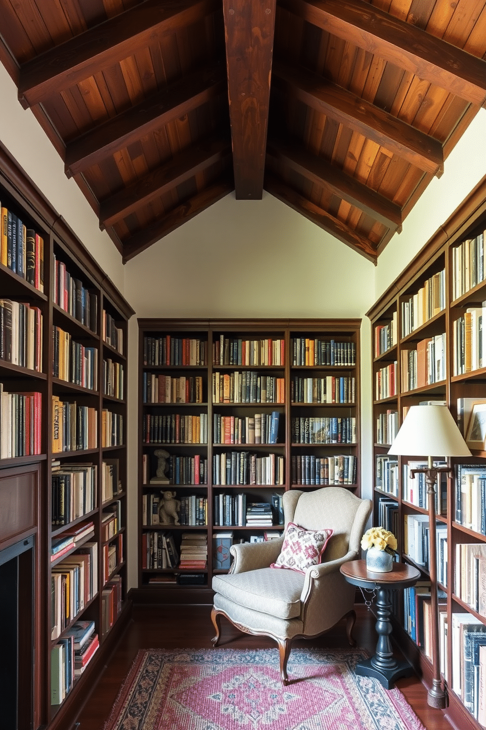 A cozy home library featuring wooden beams across the ceiling, exuding warmth and charm. The walls are lined with dark wooden bookshelves filled with an eclectic collection of books, complemented by a plush reading nook with a vintage armchair and a small side table.