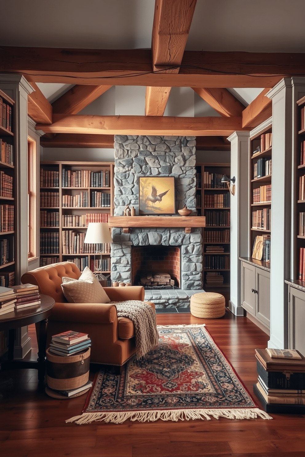 A cozy reading nook featuring soft, plush textiles in warm earth tones. A large, inviting armchair is paired with a knitted throw blanket and a stack of books on a nearby side table. A rustic home library with exposed wooden beams and a stone fireplace as the focal point. Bookshelves filled with leather-bound volumes line the walls, and a vintage rug adds warmth to the wooden floor.