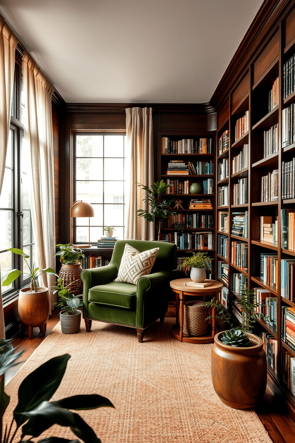 A cozy home library featuring an earthy color palette dominated by rich greens and warm browns. The walls are lined with dark wooden bookshelves filled with books, while a plush, deep green armchair sits invitingly in the corner next to a rustic wooden side table. Natural light filters through large windows adorned with sheer linen curtains, creating a warm and inviting atmosphere. A woven area rug in earthy tones anchors the space, complemented by decorative plants that add a touch of life and freshness.