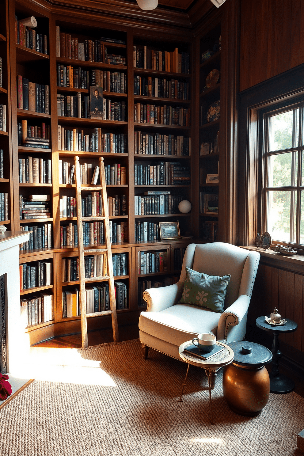 A cozy home library features built-in bookshelves that stretch from floor to ceiling, filled with an array of books and decorative items. A vintage wooden ladder leans against the shelves, providing easy access to the upper levels, while a plush armchair sits invitingly in the corner, bathed in warm, natural light. The walls are adorned with rich wood paneling, enhancing the rustic charm of the space. A large, woven rug anchors the seating area, and a small side table holds a steaming cup of coffee, creating an inviting atmosphere for reading and relaxation.