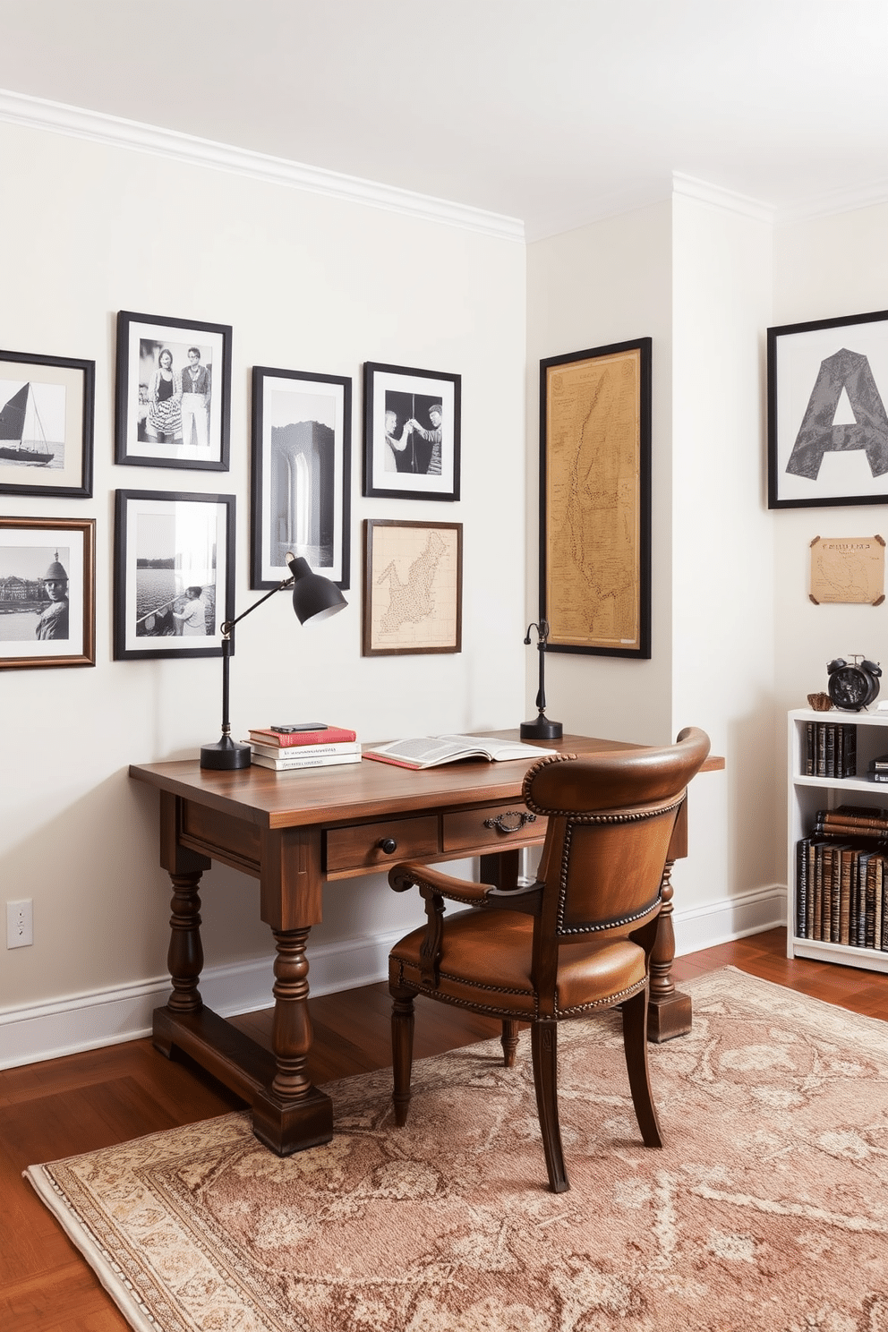 A reclaimed wood desk with vintage accents sits in the center of a cozy home office, surrounded by warm, earthy tones. The desk features intricate carvings and is paired with a comfortable, worn leather chair that adds character to the space. On the walls, framed black-and-white photographs and antique maps create an inviting gallery that reflects a love for history. A plush area rug in muted colors anchors the room, while a small bookshelf filled with well-loved books adds a personal touch.