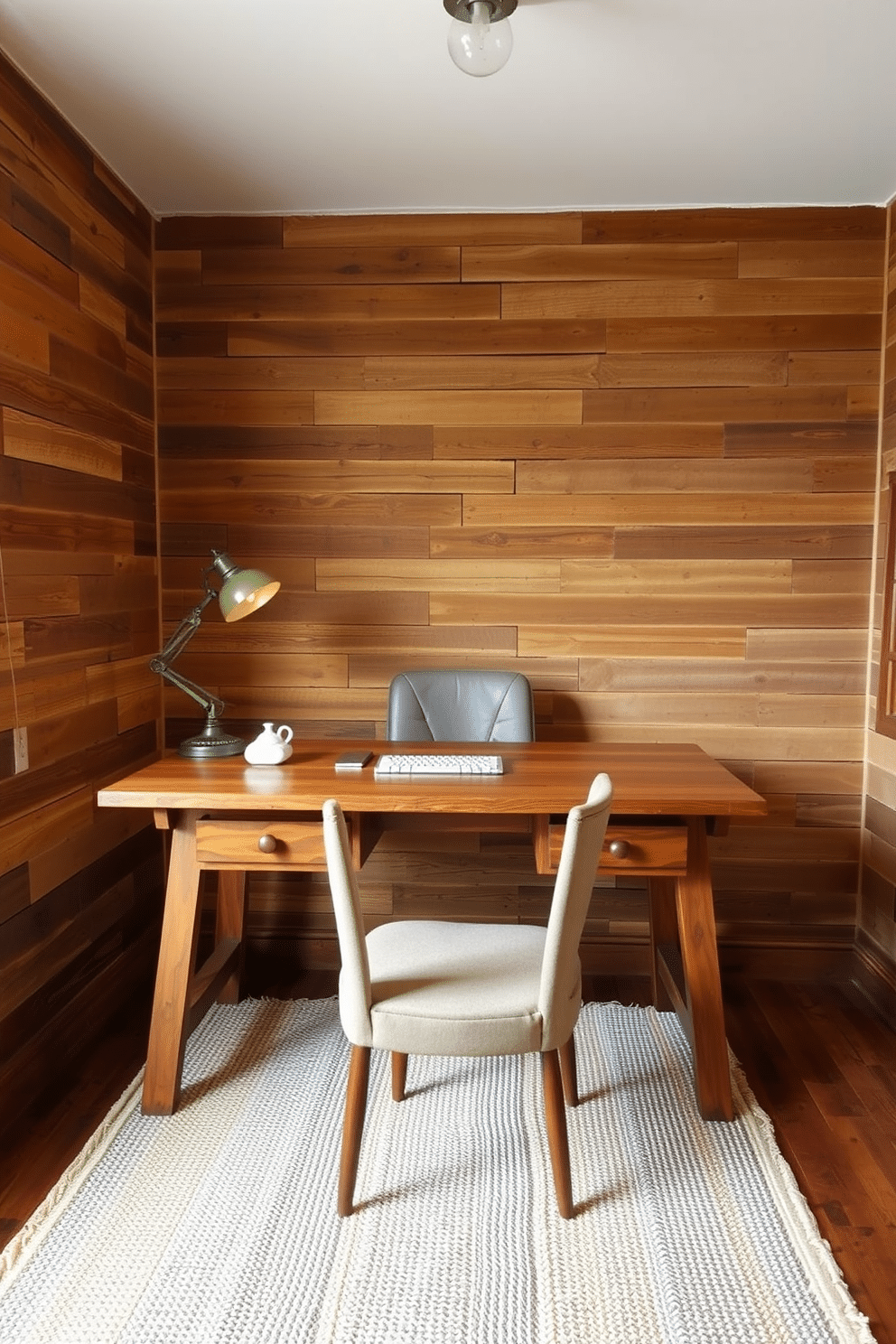 A rustic home office features a natural fiber rug laid beneath a sturdy wooden desk, which showcases a warm, distressed finish. The walls are adorned with reclaimed wood panels, and a vintage-style lamp illuminates the workspace, creating a cozy and inviting atmosphere.