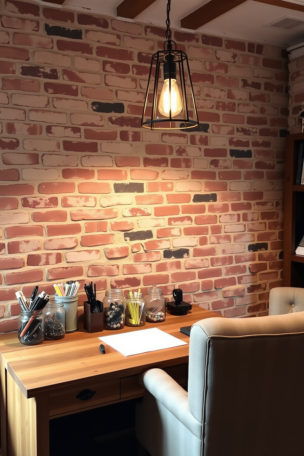 A cozy home office featuring rustic charm, with a reclaimed wood desk positioned against a weathered brick wall. On the desk, several mason jar organizers are neatly arranged, holding an assortment of office supplies like pens, paper clips, and sticky notes. The room is illuminated by a vintage-style pendant light hanging from the ceiling, casting a warm glow. A comfortable, oversized armchair sits in the corner, inviting relaxation amidst the rustic decor.