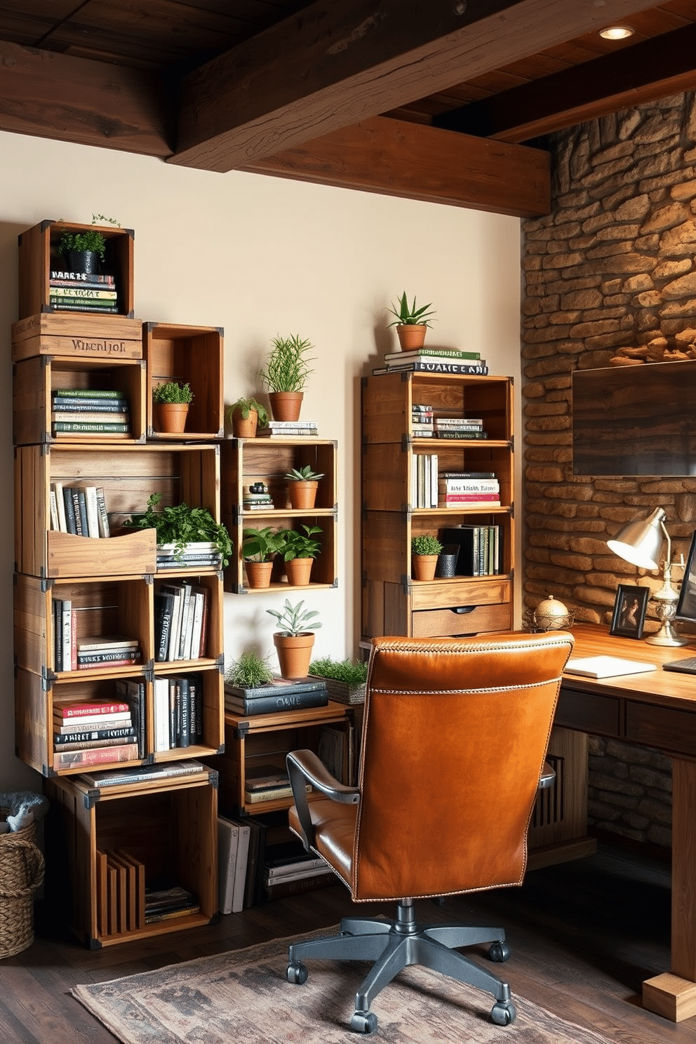 A collection of wooden crates is arranged creatively against a wall, providing stylish storage solutions while adding a touch of rustic charm. Each crate is filled with various books, plants, and decorative items, enhancing the cozy atmosphere of the space. The rustic home office features a reclaimed wood desk paired with a vintage leather chair, creating an inviting work environment. Exposed beams and a stone accent wall add character, while warm lighting illuminates the space, making it perfect for productivity and creativity.