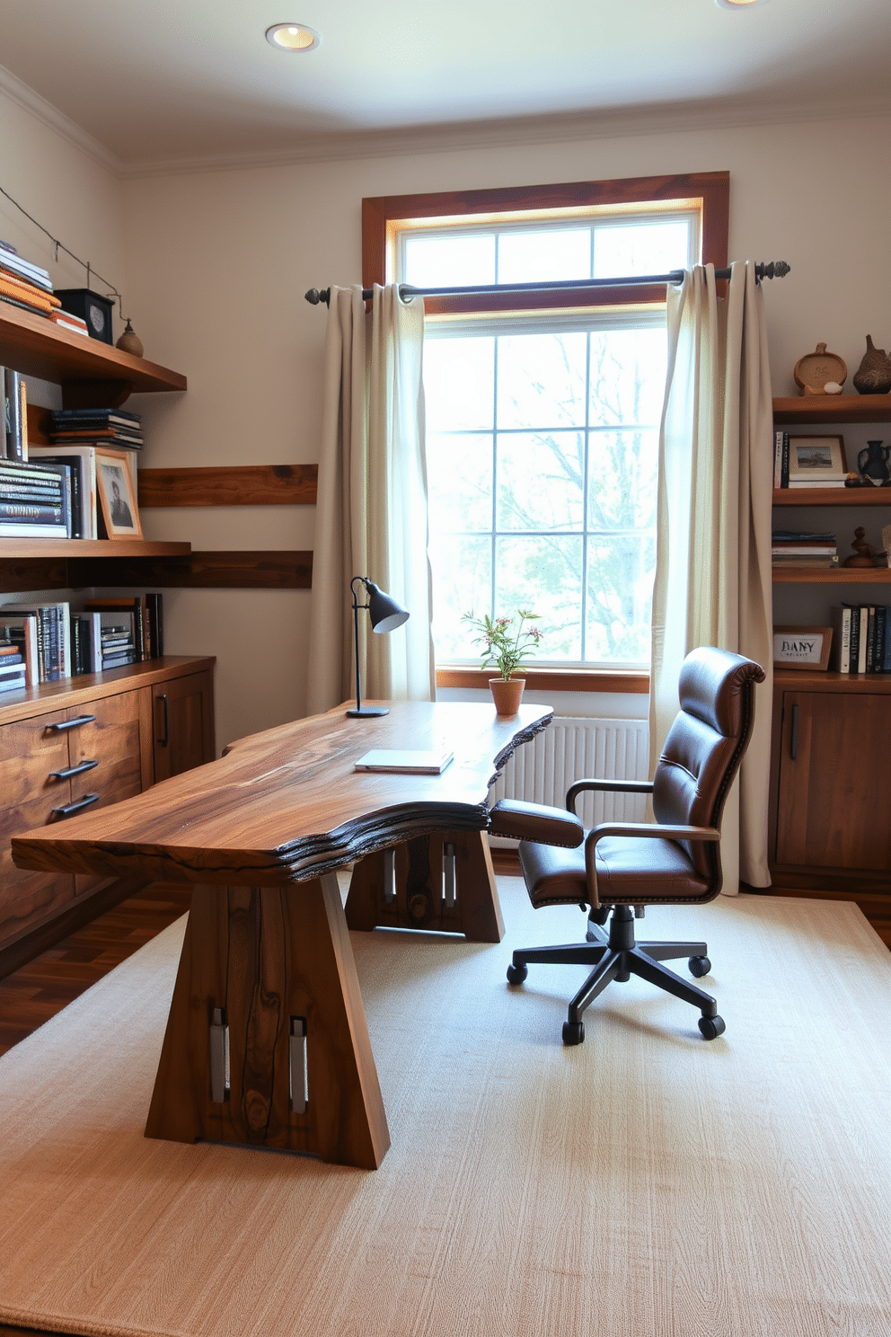 A live edge wood desk serves as the centerpiece of a rustic home office, showcasing the natural beauty of the wood grain. The desk is paired with a vintage leather chair, and the walls are adorned with reclaimed wood shelves filled with books and decorative items. Warm, earthy tones dominate the color palette, with a soft beige rug underfoot that complements the wooden elements. A large window allows natural light to flood the space, framed by linen curtains that add a touch of softness to the overall design.