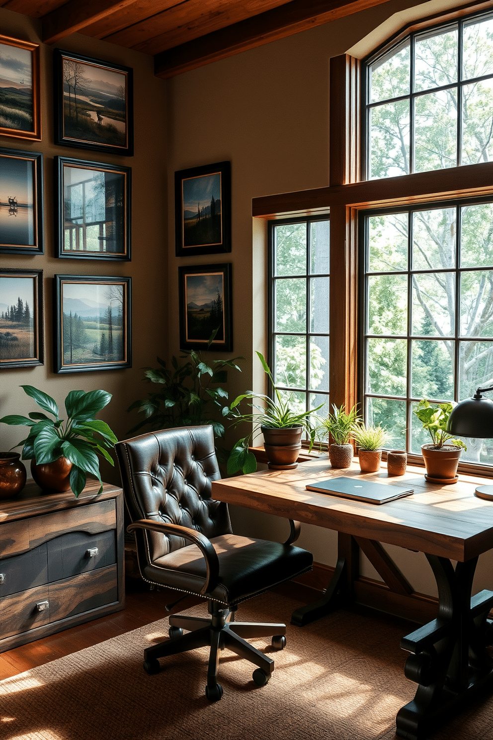 A cozy home office adorned with rustic artwork that highlights nature themes. The walls are decorated with framed prints of serene landscapes and wildlife, creating a calming atmosphere. The desk is made of reclaimed wood, paired with a comfortable leather chair. A large window allows natural light to flood the space, complemented by potted plants that bring the outdoors in.