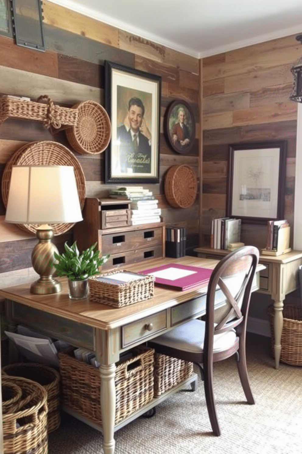 A cozy home office features woven baskets for organizing papers, adding a touch of warmth and functionality. The walls are adorned with reclaimed wood, and a vintage desk complements the rustic aesthetic, creating an inviting workspace.