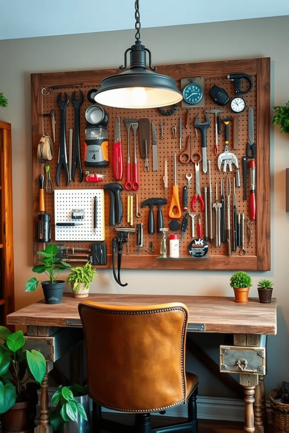 A wall-mounted pegboard in a rustic home office showcases an array of tools and craft supplies, providing both functionality and aesthetic appeal. The pegboard is framed with reclaimed wood, enhancing the warm, inviting atmosphere of the space. The desk is made of distressed wood, paired with a vintage leather chair that adds character. Soft, ambient lighting from a pendant lamp creates a cozy workspace, while potted plants bring a touch of nature indoors.