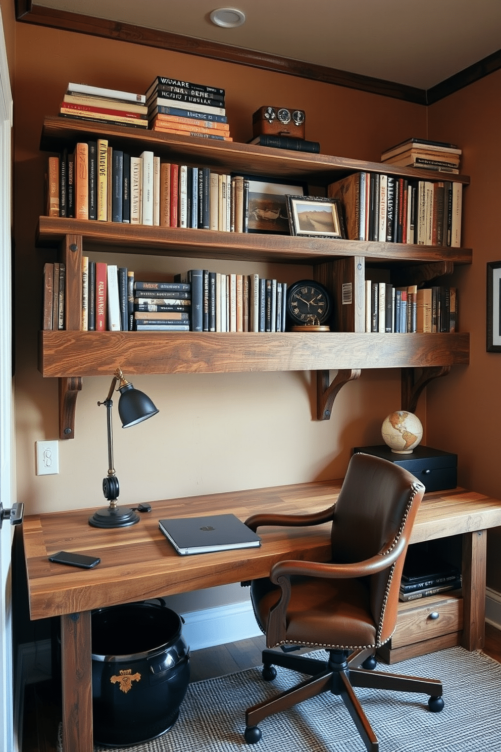 A rustic home office features open shelving supported by reclaimed wood brackets, showcasing a mix of books and decorative items. The desk is made of reclaimed wood, paired with a vintage leather chair, and the walls are adorned with warm, earthy tones to create a cozy atmosphere.