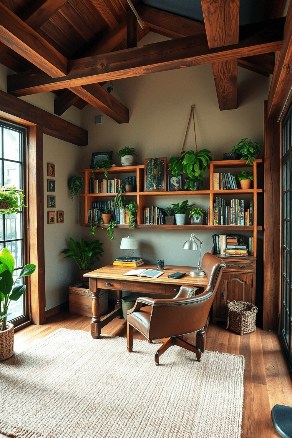 A cozy home office with rustic charm. Exposed wooden beams line the ceiling, and a reclaimed wood desk sits against a wall adorned with vintage bookshelves filled with greenery from hanging plants. A comfortable leather chair complements the desk, while a woven rug adds warmth to the space. Natural light filters in through large windows, enhancing the inviting atmosphere of this rustic retreat.