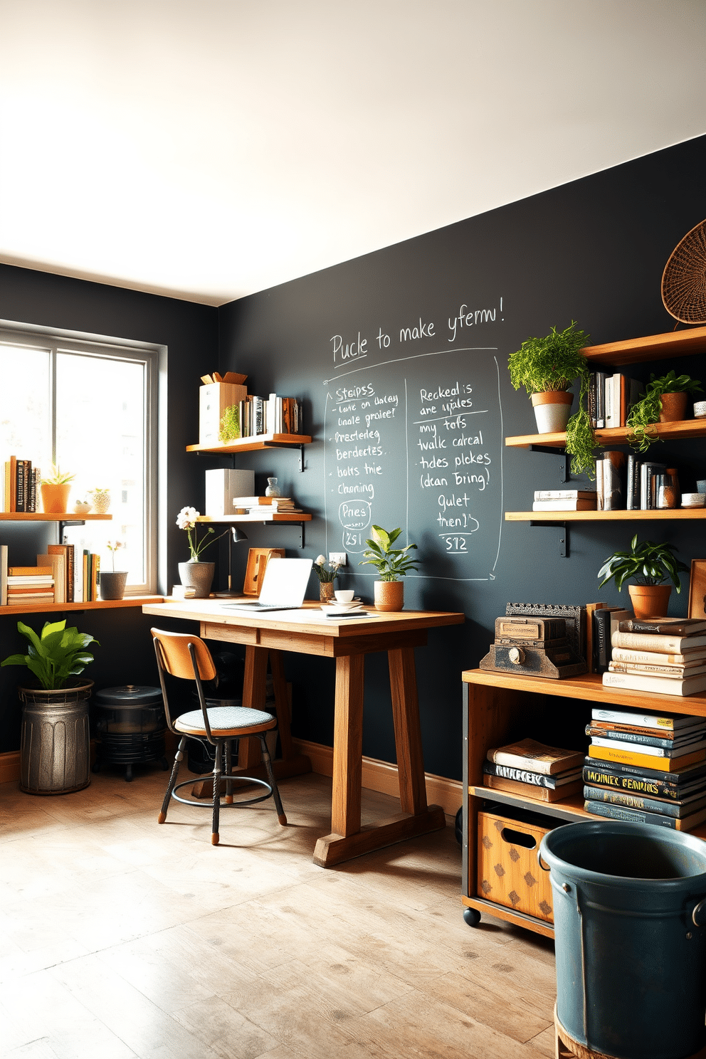 A creative workspace featuring a chalkboard wall for brainstorming ideas. The wall is painted in a deep charcoal color, providing a striking contrast to the warm wooden desk and shelves filled with books and plants. The office is adorned with rustic elements, including a reclaimed wood desk and vintage metal accents. Soft, natural light filters through a large window, illuminating the space and highlighting the textured wall decor.