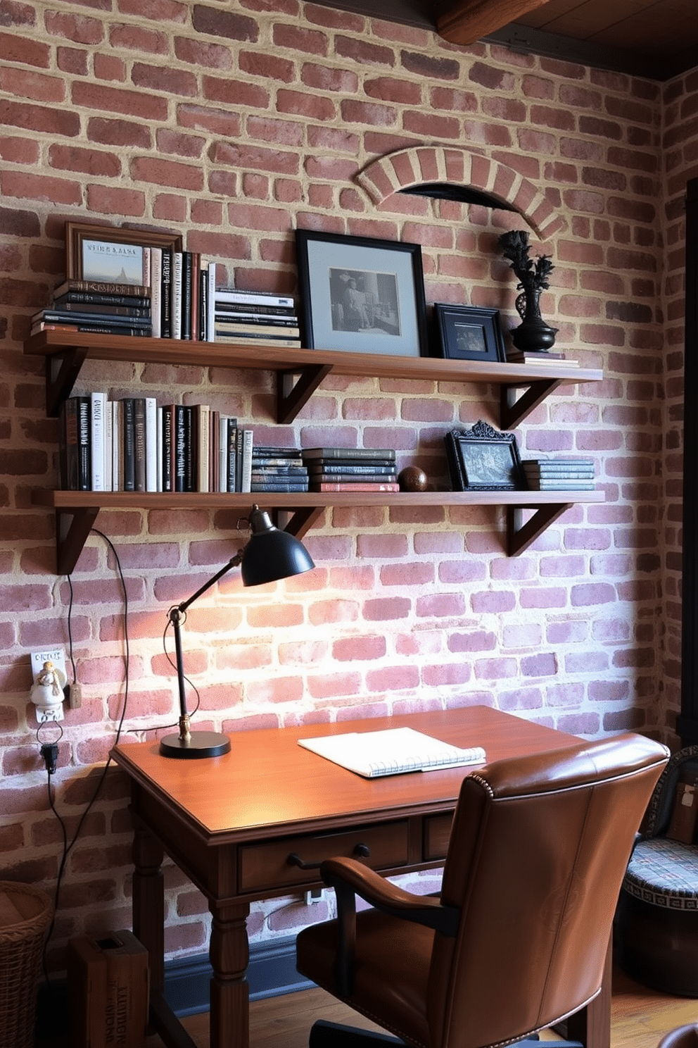 A rustic home office features an exposed brick wall that adds warmth and character to the space. Wooden shelves are mounted on the wall, showcasing books and decorative items that reflect a personal touch. The room is furnished with a sturdy wooden desk and a comfortable leather chair, creating an inviting workspace. Soft, ambient lighting from a vintage-style lamp enhances the cozy atmosphere, making it perfect for productivity.