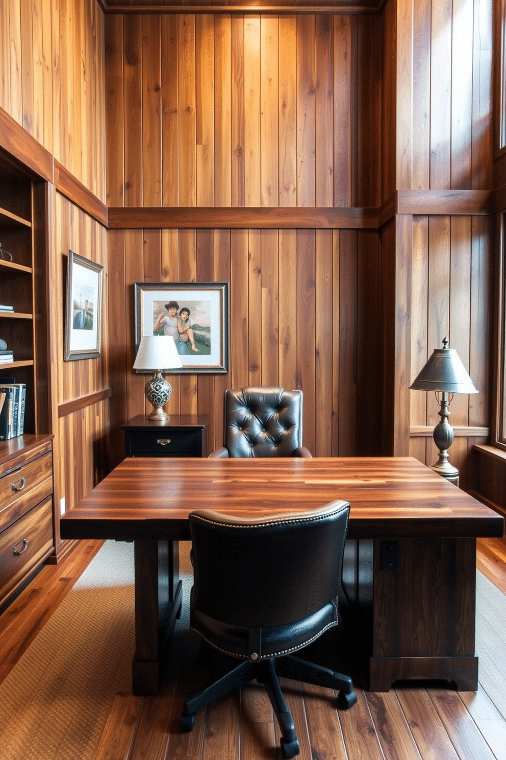 A rustic home office featuring rich cedar wood paneling that envelops the space, creating a warm and inviting atmosphere. A large, reclaimed wood desk sits in the center, complemented by a cozy leather chair and a vintage-style desk lamp.