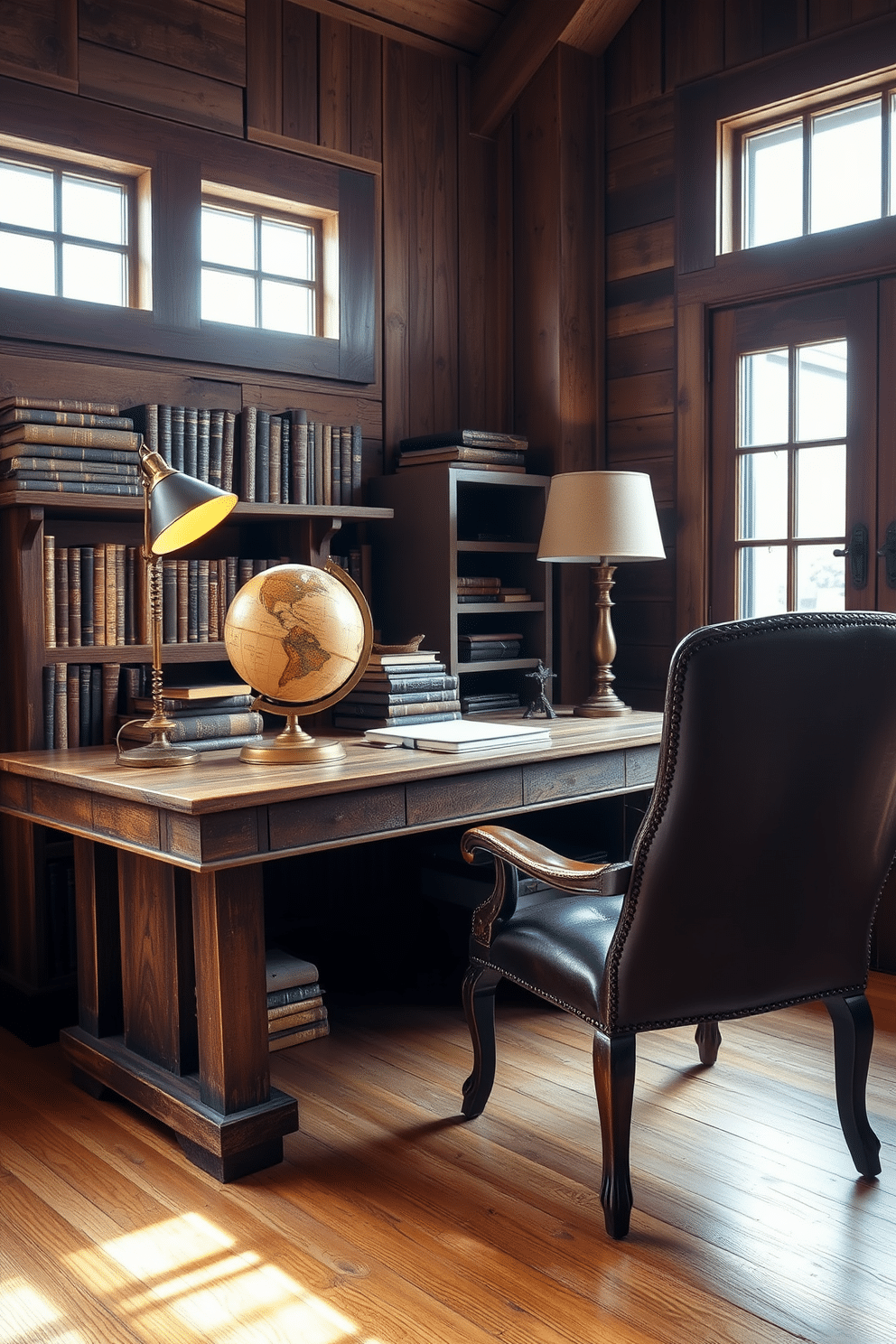 A vintage globe sits elegantly on a reclaimed wood desk, surrounded by antique books and a brass lamp that casts a warm glow. The walls are adorned with rustic wood paneling, and a cozy armchair invites you to sit and explore distant lands. The home office features a sturdy, distressed wood desk paired with a vintage leather chair, creating a perfect blend of comfort and style. Natural light floods the space through large windows, illuminating the earthy tones and textures that enhance the rustic charm.