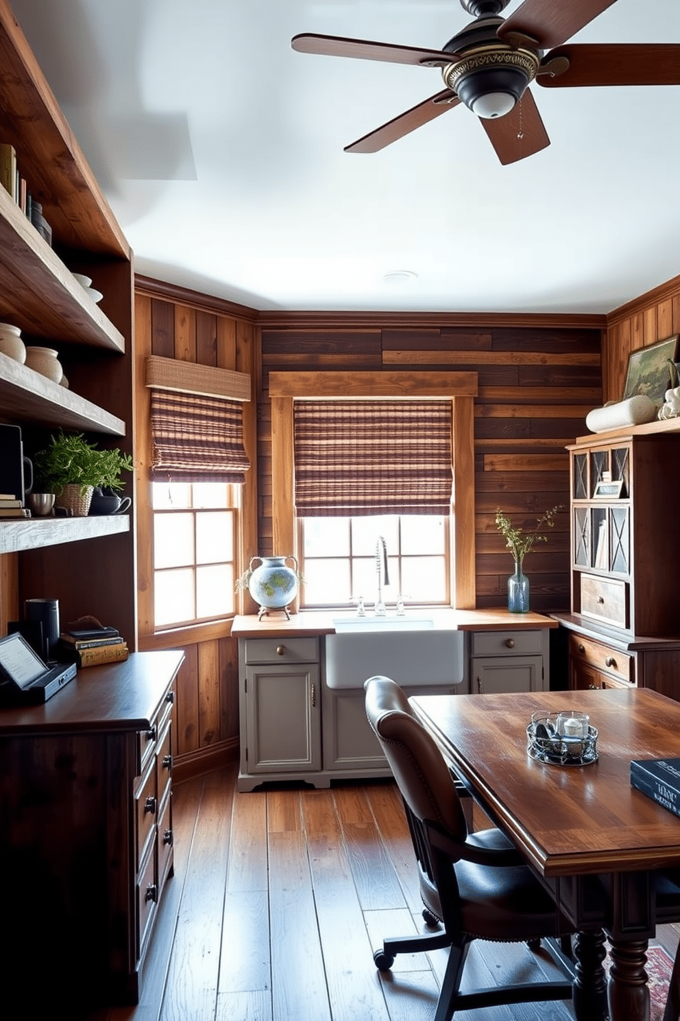 A rustic home office featuring a large farmhouse sink adds a unique touch to the space. The room is adorned with reclaimed wood shelves, a vintage wooden desk, and a comfortable leather chair, creating a warm and inviting atmosphere.