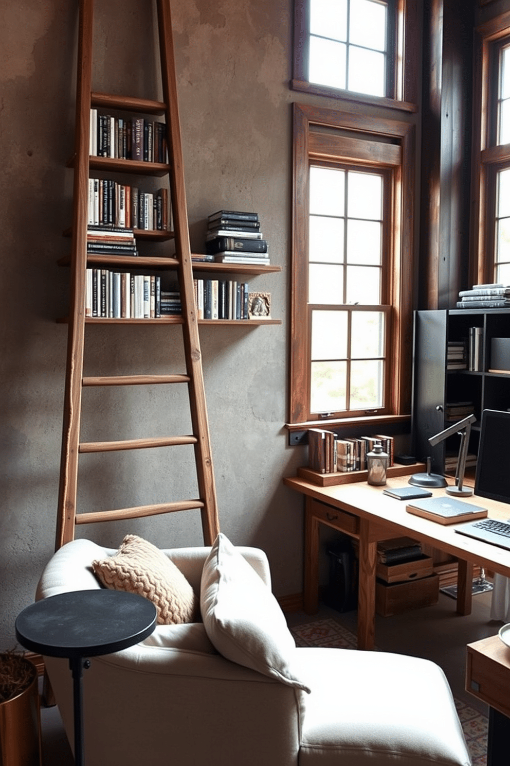 A wooden ladder leans against a textured wall, elegantly displaying an array of books and decorative items. Below, a cozy reading nook features a plush armchair and a small side table, inviting relaxation and inspiration. The rustic home office combines reclaimed wood furniture with industrial metal accents for a warm yet modern feel. A large window allows natural light to flood the space, highlighting the earthy tones and cozy textures throughout.