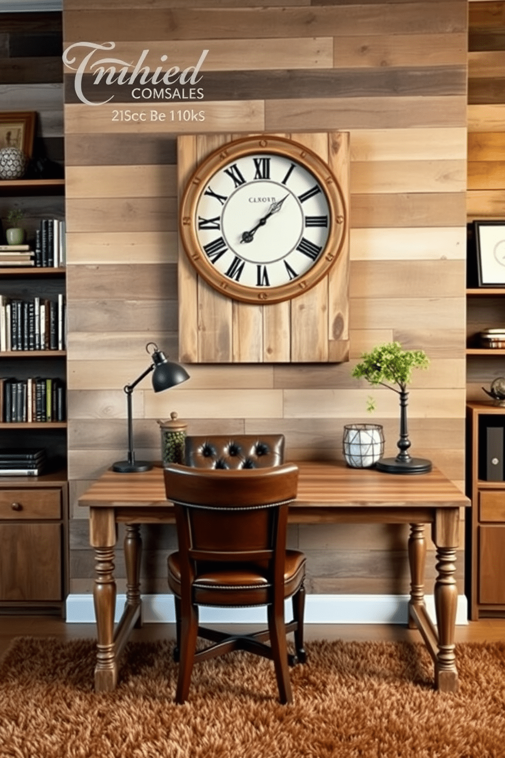 A rustic clock with a distressed wooden frame hangs prominently on the wall, its vintage charm enhanced by Roman numerals and ornate clock hands. Below, a sturdy wooden desk, weathered but elegant, is paired with a comfortable leather chair that invites long hours of productivity. The walls are adorned with reclaimed wood panels, adding warmth and character to the space. A plush area rug in earthy tones anchors the room, while shelves filled with books and vintage decor complete the inviting atmosphere.