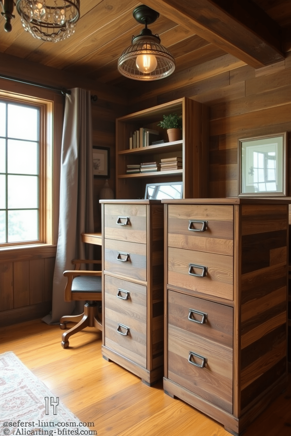 A cozy rustic home office features wooden filing cabinets for storage, crafted from reclaimed wood with a weathered finish. The room is adorned with warm, earthy tones, complemented by a large window that allows natural light to flood in, illuminating the space.