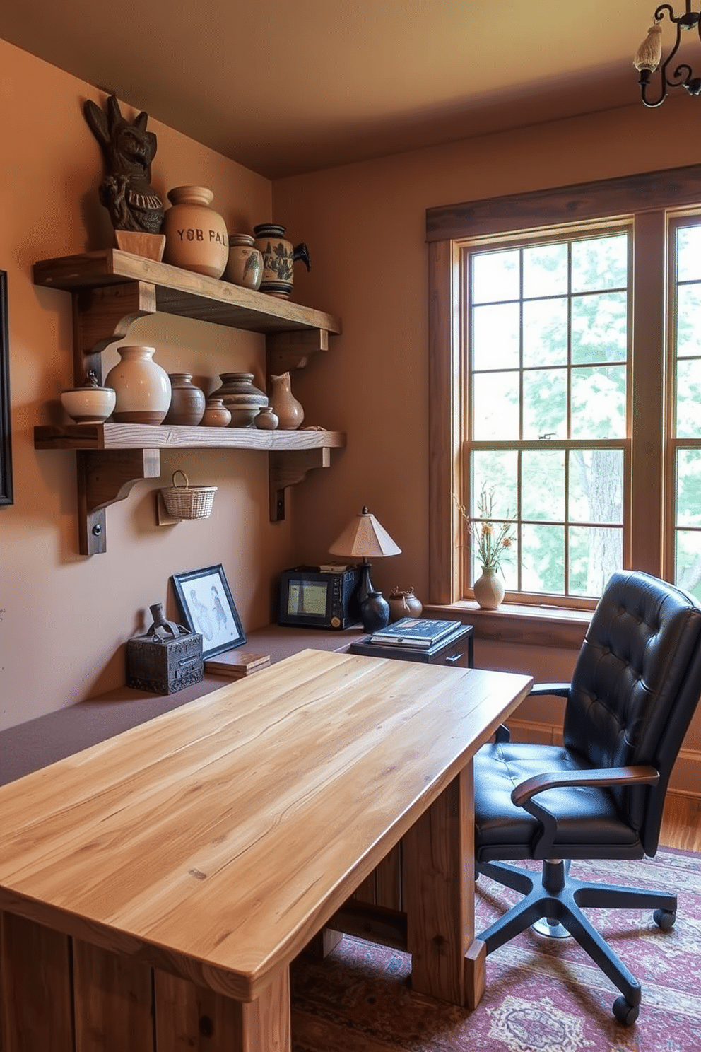 A cozy rustic home office features a sturdy wooden desk with a natural finish, complemented by a comfortable leather chair. Shelves made of reclaimed wood are filled with handmade pottery, adding unique decorative elements and a personal touch to the space. The walls are adorned with warm, earthy tones, creating an inviting atmosphere for productivity. A large window allows natural light to flood in, illuminating the handcrafted pottery pieces that serve as both art and functional decor.