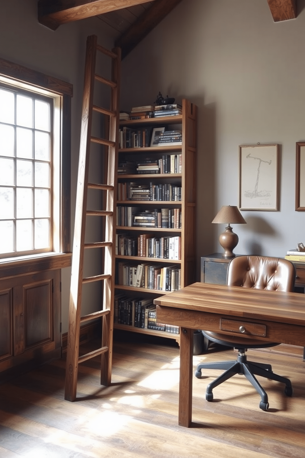 An old wooden ladder leans against the wall, repurposed as a unique bookshelf filled with an assortment of books and decorative items. The ladder's weathered texture contrasts beautifully with the warm, earthy tones of the rustic home office, creating an inviting atmosphere. The workspace features a reclaimed wood desk paired with a vintage leather chair, enhancing the rustic charm. Natural light floods the room through a large window, illuminating the space and highlighting the handcrafted details of the decor.