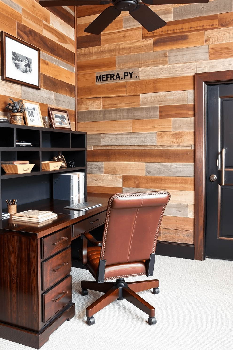 A rustic home office features a reclaimed wood accent wall that adds warmth and character to the space. The desk, made of dark-stained wood, is complemented by a vintage leather chair, creating an inviting work environment.