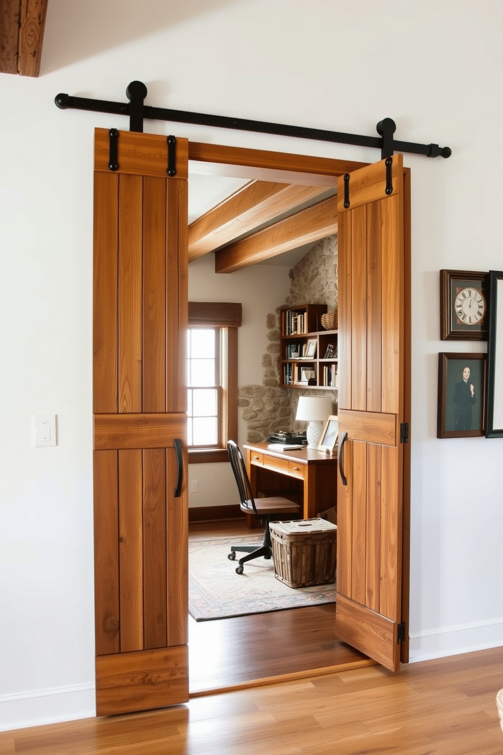 A charming workspace entrance features rustic barn doors made of reclaimed wood, adding warmth and character to the environment. The doors are adorned with wrought iron hardware, enhancing the farmhouse aesthetic and inviting creativity into the home office. Inside, the home office boasts a cozy atmosphere with a wooden desk positioned near a window, allowing natural light to flood the space. Exposed beams and a stone accent wall create a perfect backdrop for shelves filled with books and personal mementos, reflecting a rustic yet functional design.