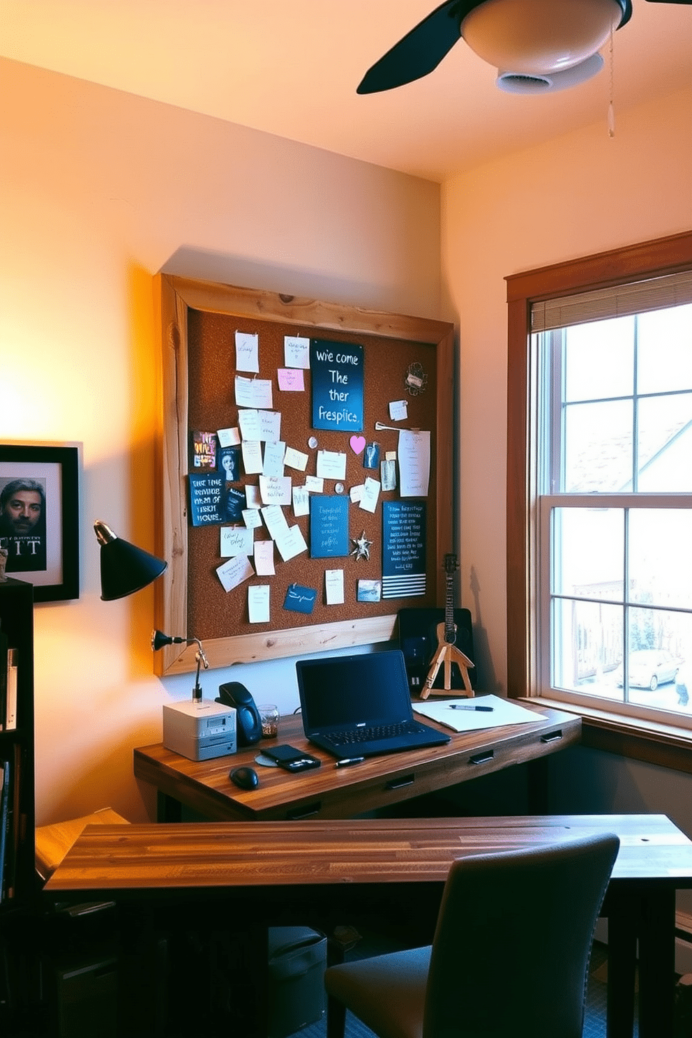 A cozy home office adorned with a corkboard framed in rustic wood, showcasing an array of pinned notes and inspirational quotes. The desk, made from reclaimed wood, is positioned in front of a large window that floods the space with natural light, enhancing the warm, inviting atmosphere.