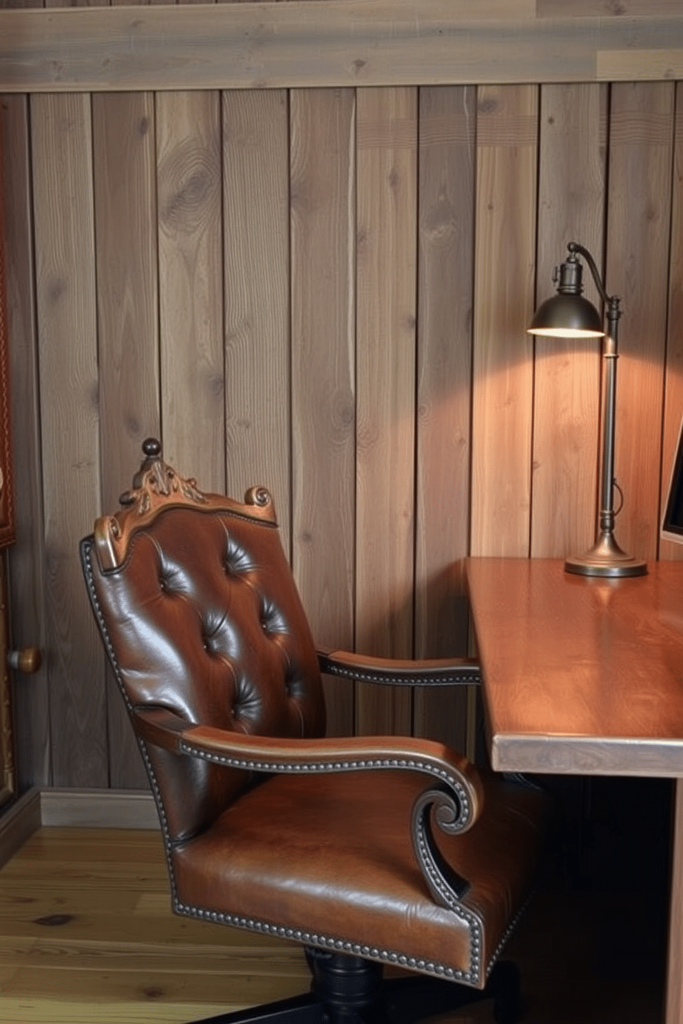 A cozy rustic home office features an antique leather chair with rich patina, positioned beside a sturdy wooden desk that showcases natural grain patterns. The walls are adorned with reclaimed wood panels, and a vintage lamp casts a warm glow over the workspace, creating an inviting atmosphere for productivity.