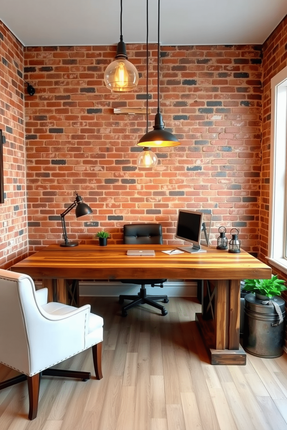 A rustic home office design featuring a large reclaimed wood desk positioned against a brick wall. Above the desk, industrial pendant lights hang, casting a warm glow over the workspace, complemented by vintage metal accents throughout the room.