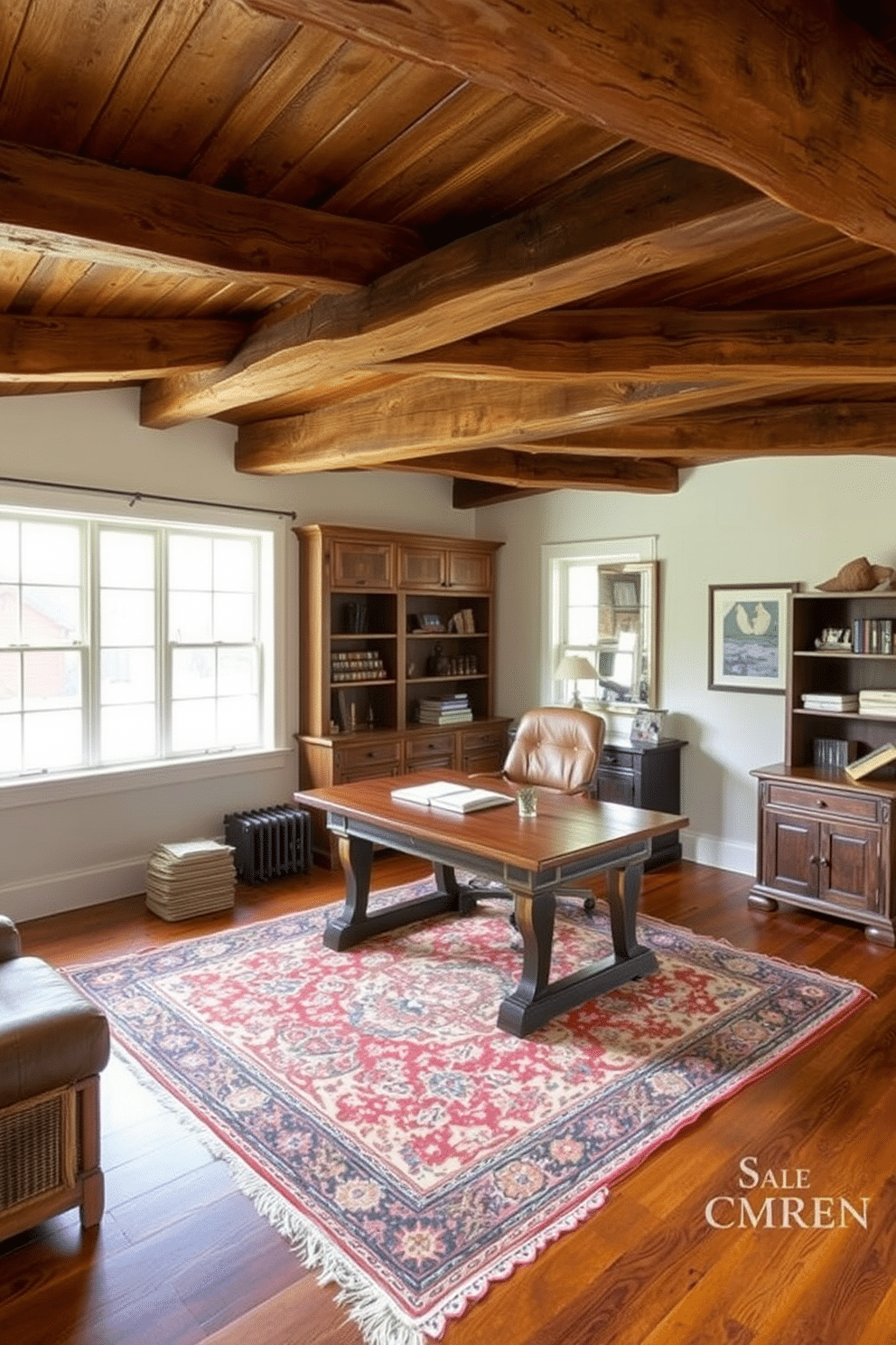 A rustic home office featuring wooden beams across the ceiling, adding warmth and character to the space. The room is furnished with a large reclaimed wood desk, paired with a comfortable leather chair, and accented by a vintage rug on the hardwood floor.