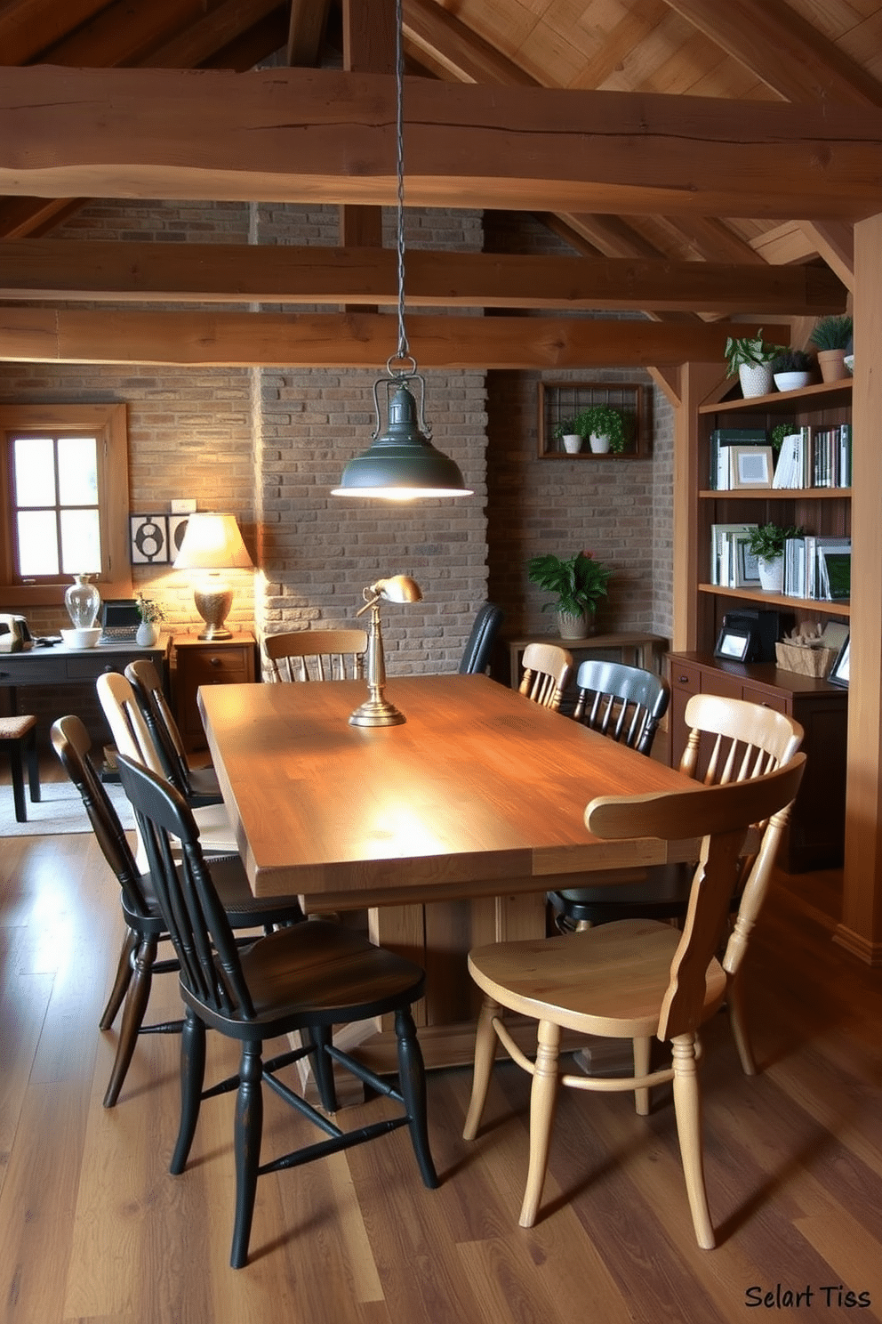 A farmhouse-style table made of reclaimed wood serves as the centerpiece of a collaborative work space. Surrounding the table are mismatched chairs, each with its own character, contributing to a warm and inviting atmosphere. The rustic home office features exposed wooden beams and a stone accent wall, creating a cozy yet functional environment. A vintage desk lamp casts a soft glow over the workspace, while shelves filled with books and plants add a touch of personality.