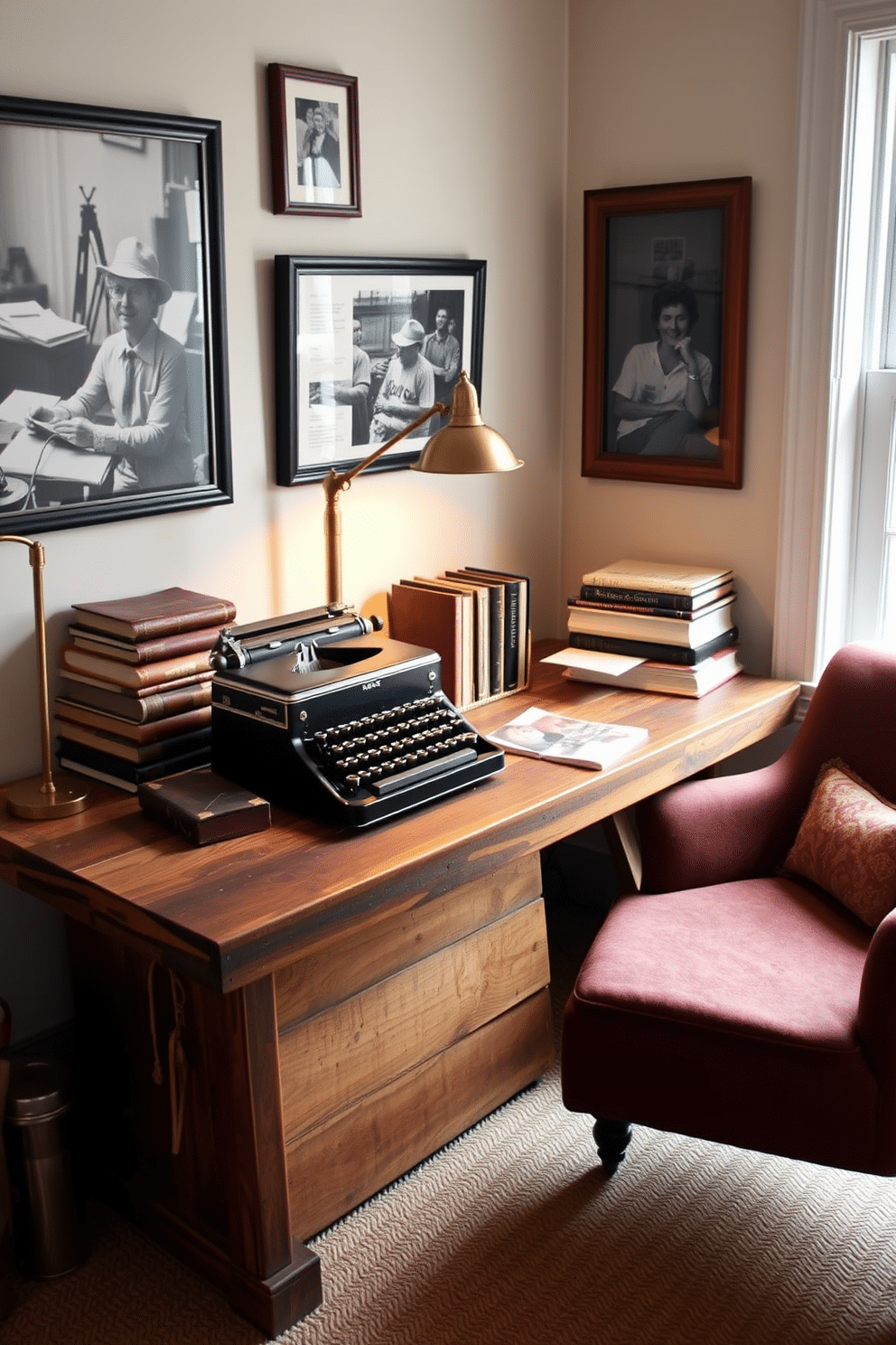 A vintage typewriter sits elegantly on a reclaimed wood desk, surrounded by stacks of leather-bound books and a brass lamp that casts a warm glow. The walls are adorned with framed black-and-white photographs, adding a touch of nostalgia to the rustic home office. In the corner, a cozy armchair upholstered in rich, textured fabric invites you to settle in with a good book. The floor features a woven jute rug, complementing the earthy tones of the wooden furniture and enhancing the inviting atmosphere of the space.