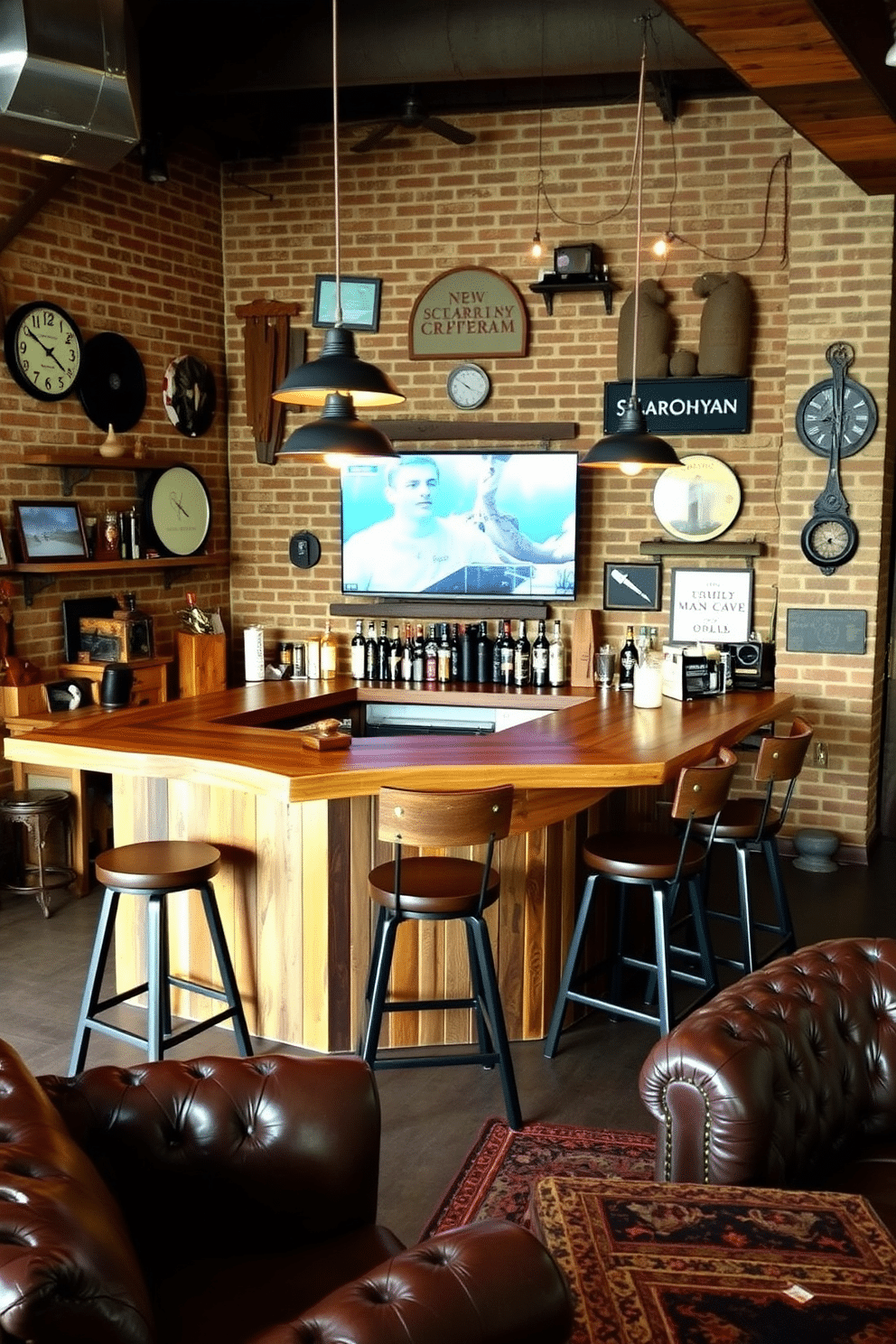 A reclaimed wood bar with sturdy, high-backed stools creates a warm and inviting focal point in the rustic man cave. The bar features a live edge countertop, complemented by industrial-style pendant lights hanging above, casting a cozy glow over the space. Surrounding the bar, exposed brick walls add character, while vintage memorabilia and rustic decor enhance the man cave's charm. Plush leather seating and a large area rug complete the look, providing comfort and style for gatherings with friends.