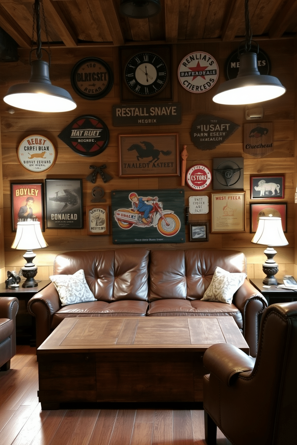 A cozy rustic man cave features reclaimed wood paneling on the walls, creating a warm and inviting atmosphere. Vintage signs and memorabilia are artfully arranged on the walls, showcasing a collection of nostalgic items that reflect personal interests and hobbies. In the center of the room, a large leather sofa is paired with a rustic coffee table made from a repurposed barn door. Ambient lighting from vintage-style lamps casts a soft glow, enhancing the charm of the space while inviting relaxation and conversation.