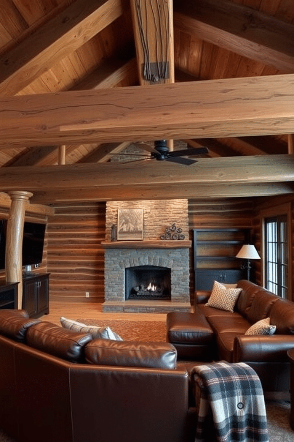 A cozy man cave with exposed wooden beams on the ceiling, adding warmth and character to the space. The walls are adorned with rustic wood paneling, and a large leather sectional sofa invites relaxation in front of a stone fireplace.