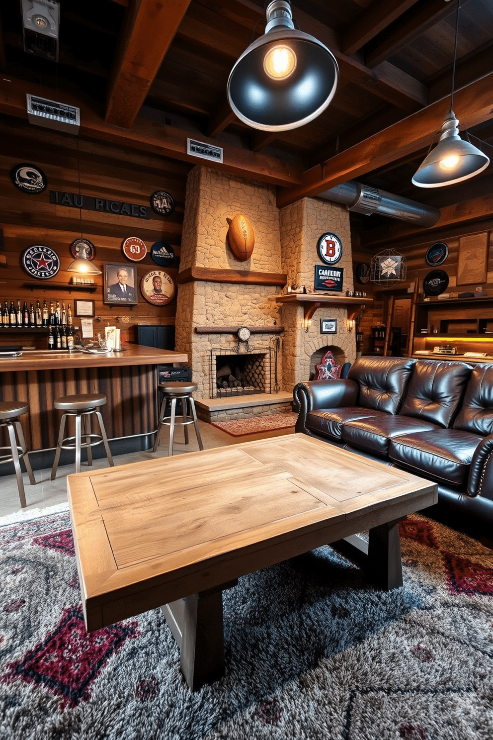 A rustic man cave featuring a reclaimed wood bar with metallic accents, including bar stools with copper legs. The walls are adorned with vintage sports memorabilia, and a large leather sectional sofa invites relaxation around a stone fireplace. Industrial lighting fixtures hang from the ceiling, casting a warm glow over the space. A wooden coffee table with a distressed finish sits at the center, surrounded by plush area rugs that add comfort to the rugged aesthetic.