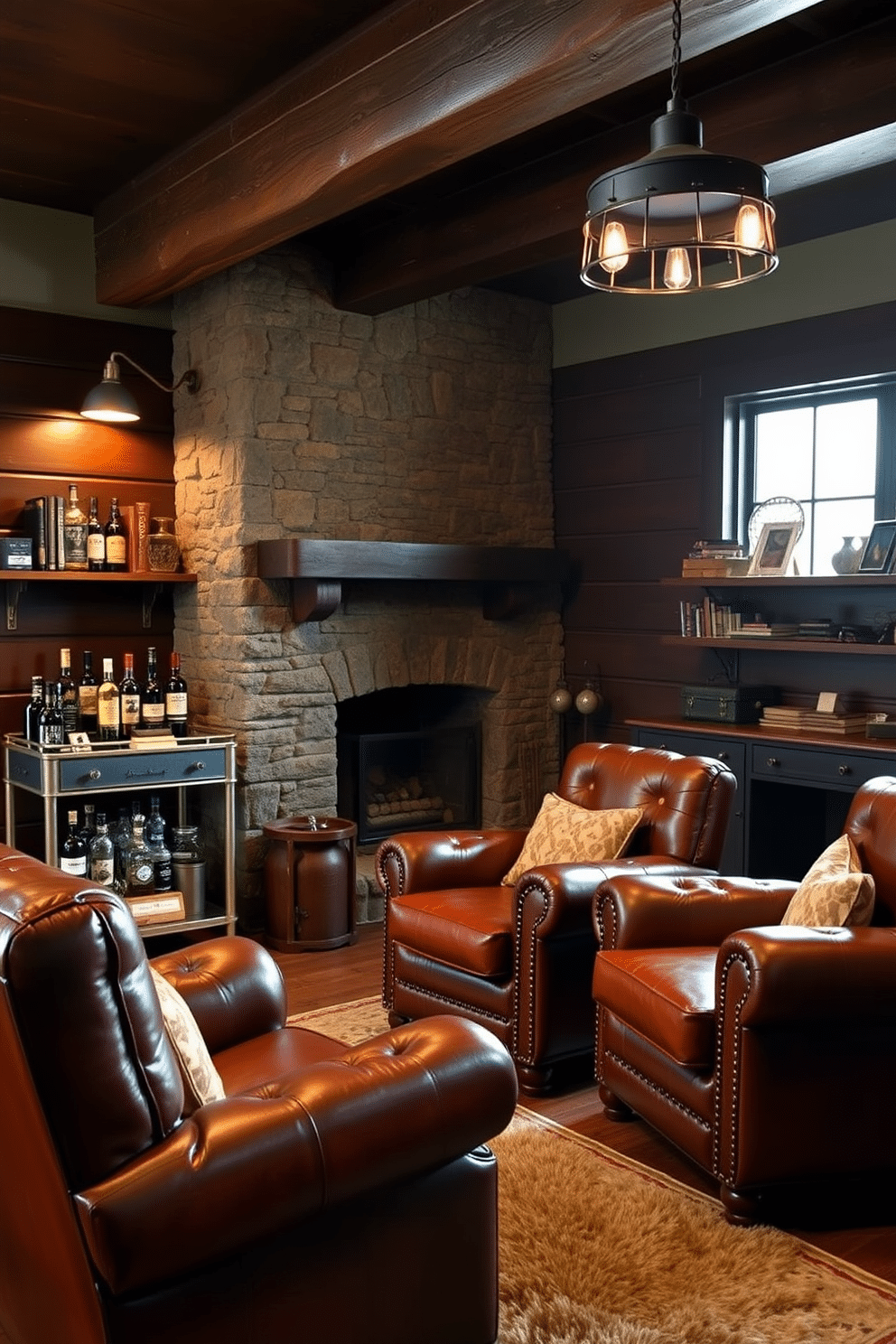 A cozy man cave featuring rich leather armchairs that exude a masculine touch. The walls are adorned with dark wood paneling, and a large stone fireplace serves as the focal point, creating a warm and inviting atmosphere. In one corner, a vintage bar cart is stocked with an array of spirits, complemented by rustic shelving displaying memorabilia and books. Ambient lighting from industrial-style fixtures enhances the rugged charm, while a plush area rug adds comfort underfoot.