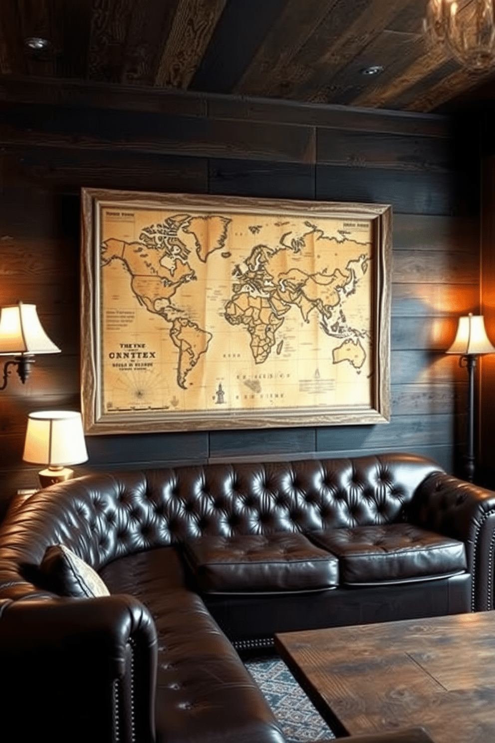 A rustic man cave featuring an old-world map as wall art. The walls are adorned with dark wood paneling, and the map is framed in a weathered, antique frame, adding character to the space. The room includes a plush leather sofa in deep brown, complemented by a reclaimed wood coffee table. Soft, ambient lighting from vintage-style lamps creates a cozy atmosphere, perfect for relaxation and entertainment.