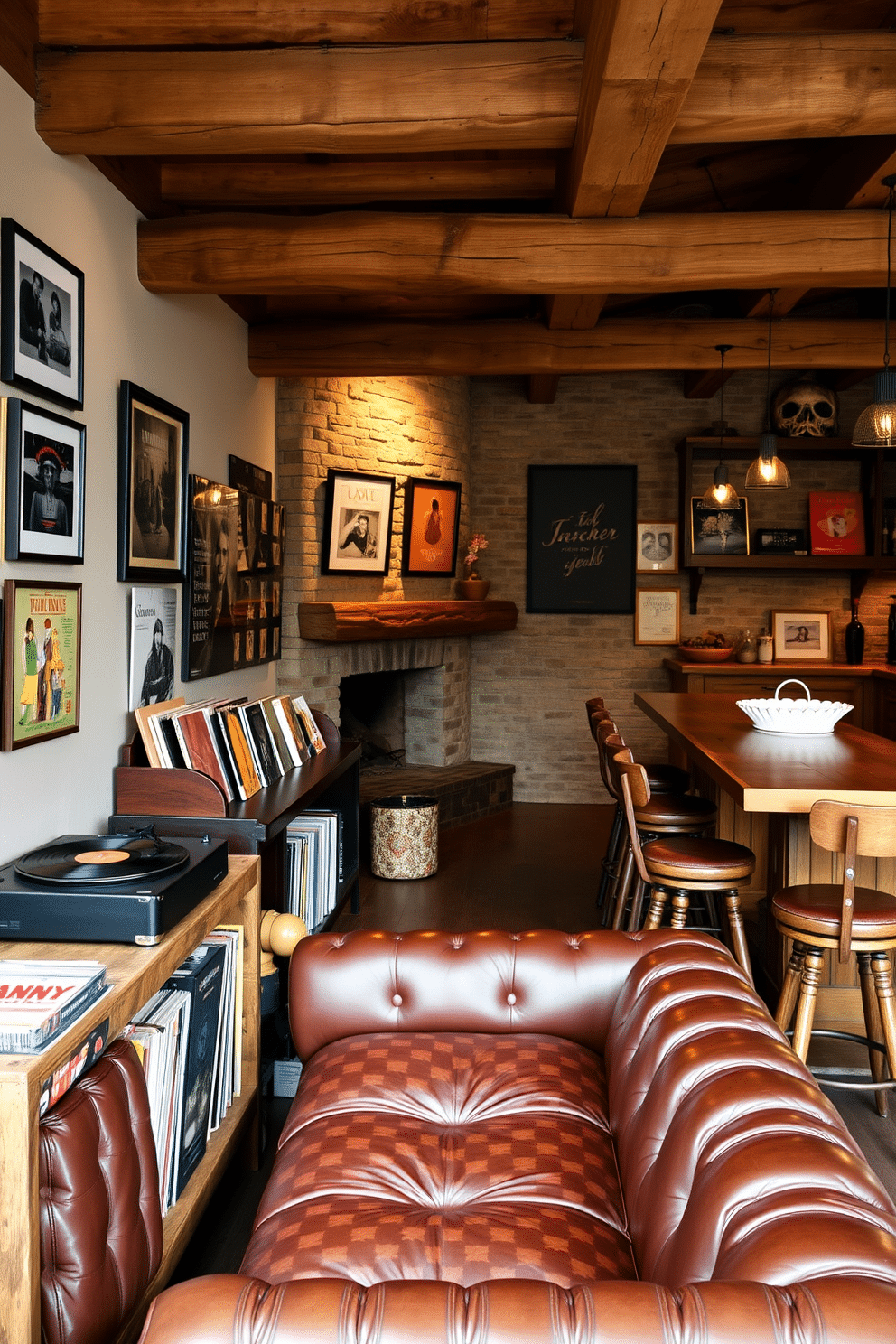 A vintage record player sits on a reclaimed wood shelf, surrounded by a curated collection of vinyl records in colorful sleeves. The walls are adorned with framed album covers, and a plush, oversized leather sofa invites relaxation in this cozy space. The rustic man cave features exposed wooden beams and a stone fireplace, creating a warm and inviting atmosphere. Vintage bar stools line a handcrafted wooden bar, while soft, ambient lighting highlights the unique decor collected over the years.