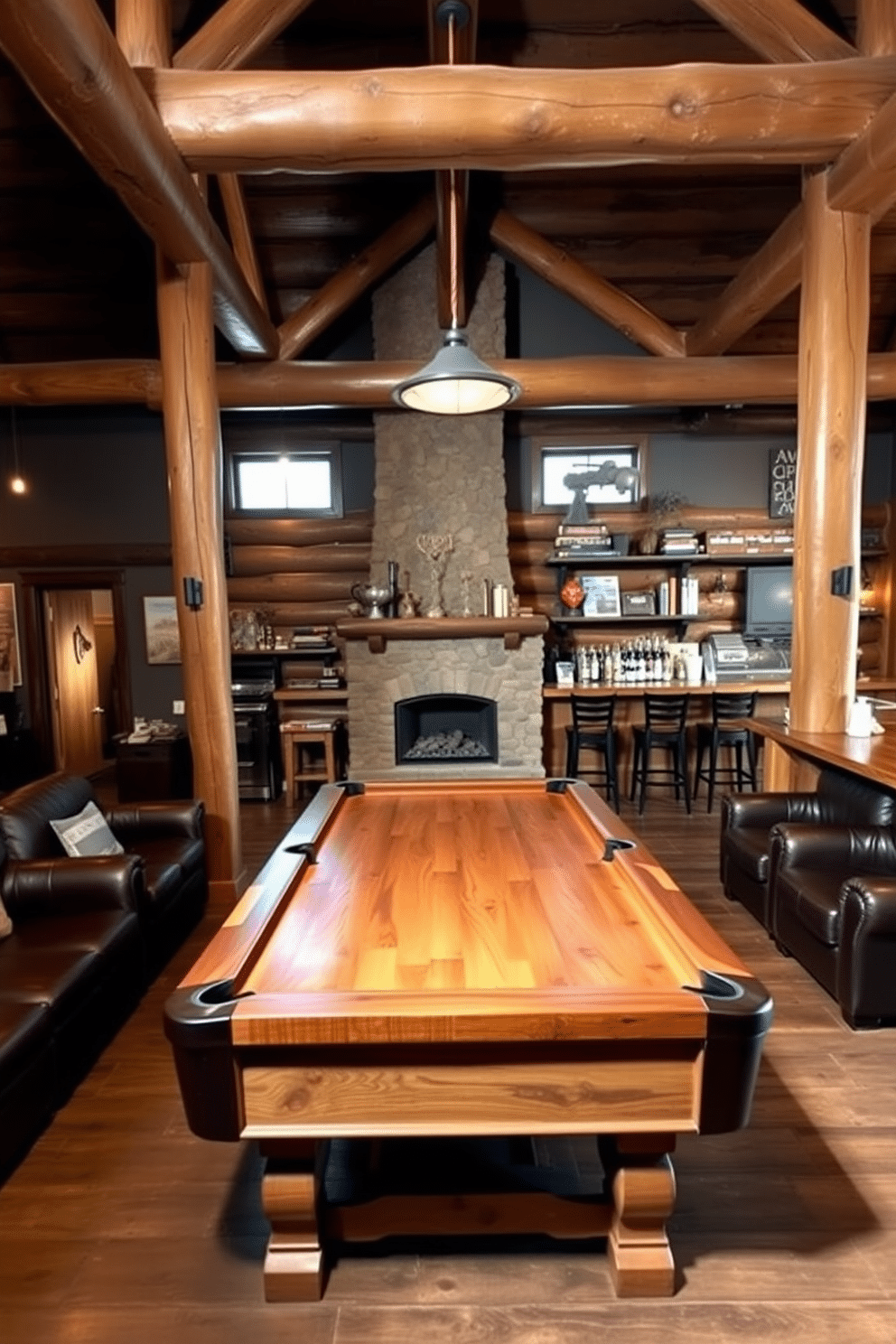 A rustic-themed game area features a large, handcrafted wooden pool table at its center, surrounded by comfortable leather seating that invites relaxation and friendly competition. Exposed wooden beams line the ceiling, while a stone fireplace adds warmth and charm to the space, complemented by vintage decor and dim, ambient lighting. The walls are adorned with rustic artwork and shelves displaying an assortment of board games and trophies, creating a nostalgic atmosphere. A bar area made of reclaimed wood sits against one wall, stocked with beverages and bar stools for an inviting gathering spot.