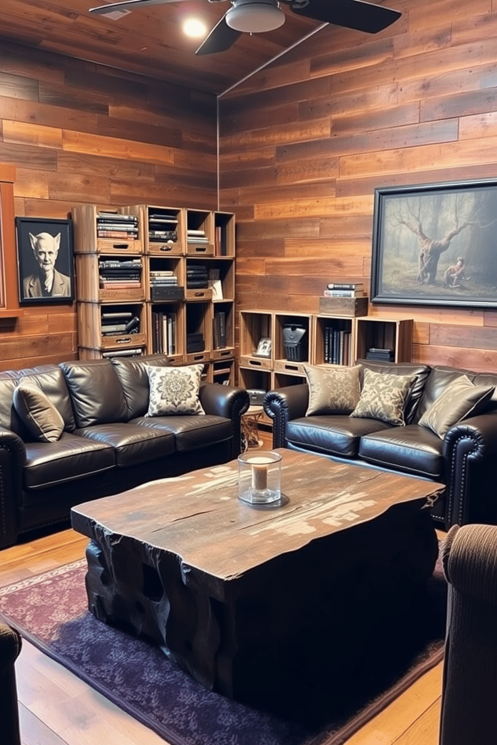 A cozy rustic man cave featuring wooden crates as stylish storage solutions. The walls are adorned with reclaimed wood panels, and a plush leather sofa invites relaxation in the warm, inviting space. In one corner, stacked wooden crates serve as both functional storage and decorative elements, filled with books and vintage items. A large, rugged coffee table sits at the center, surrounded by comfortable seating, creating an ideal gathering spot for friends.