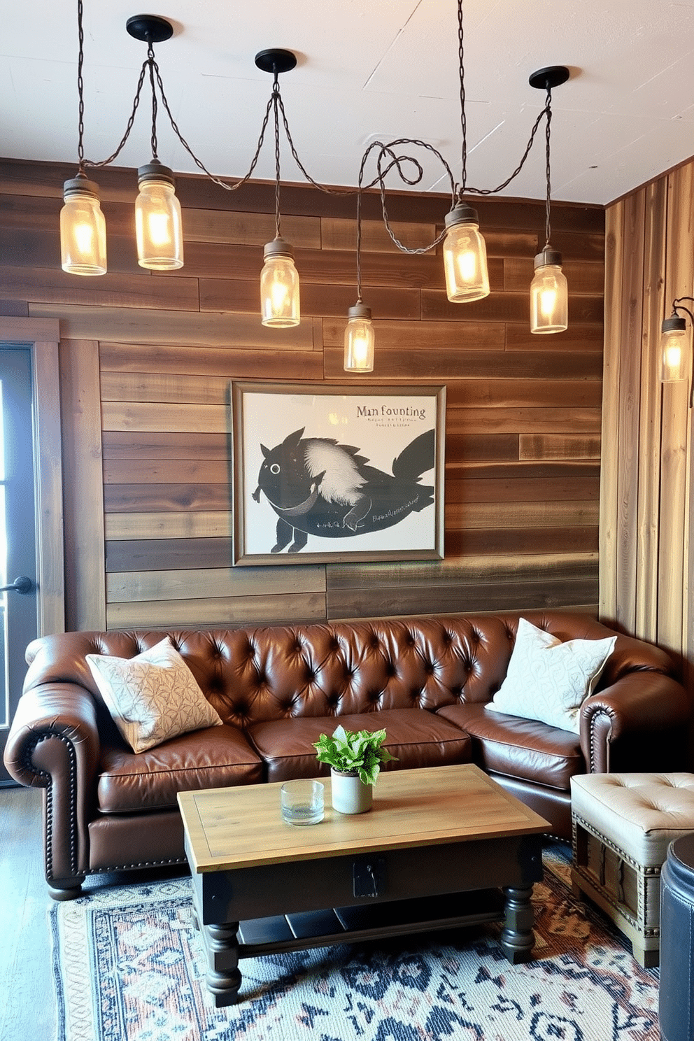 A rustic man cave featuring mason jar lighting fixtures that add a charming touch to the space. The walls are adorned with reclaimed wood, and a plush leather sofa is centered around a vintage coffee table, creating a cozy gathering spot.