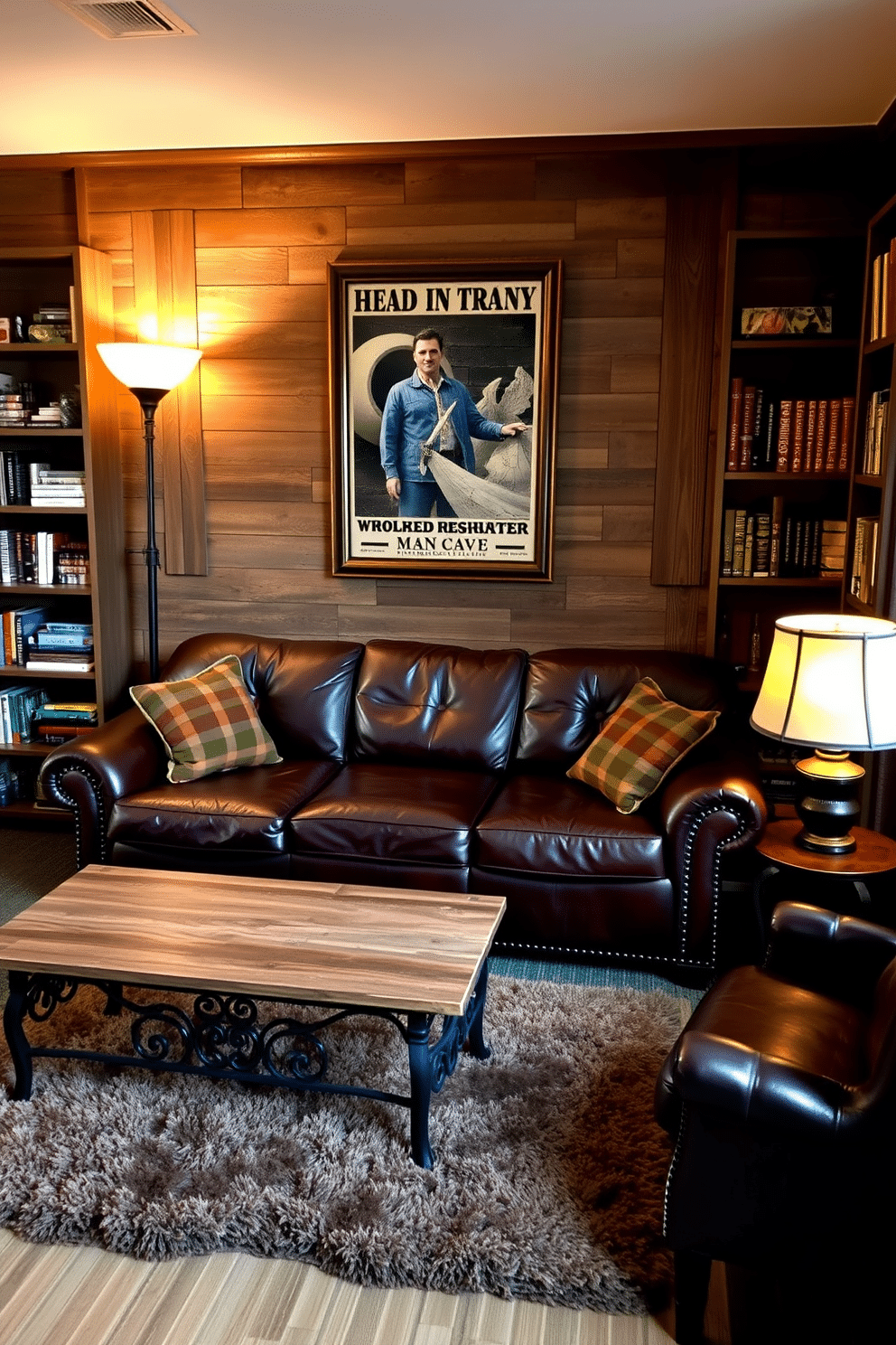 A vintage leather couch with deep brown tones is positioned in the center of the room, complemented by a distressed wooden coffee table with wrought iron accents. The walls are adorned with reclaimed wood panels, and a large, framed vintage poster hangs above the couch, adding character to the rustic man cave. In one corner, a plush area rug with earthy tones anchors the seating arrangement, while a floor lamp with an industrial design provides warm lighting. Shelves filled with books and memorabilia line the walls, creating an inviting atmosphere perfect for relaxation and entertainment.