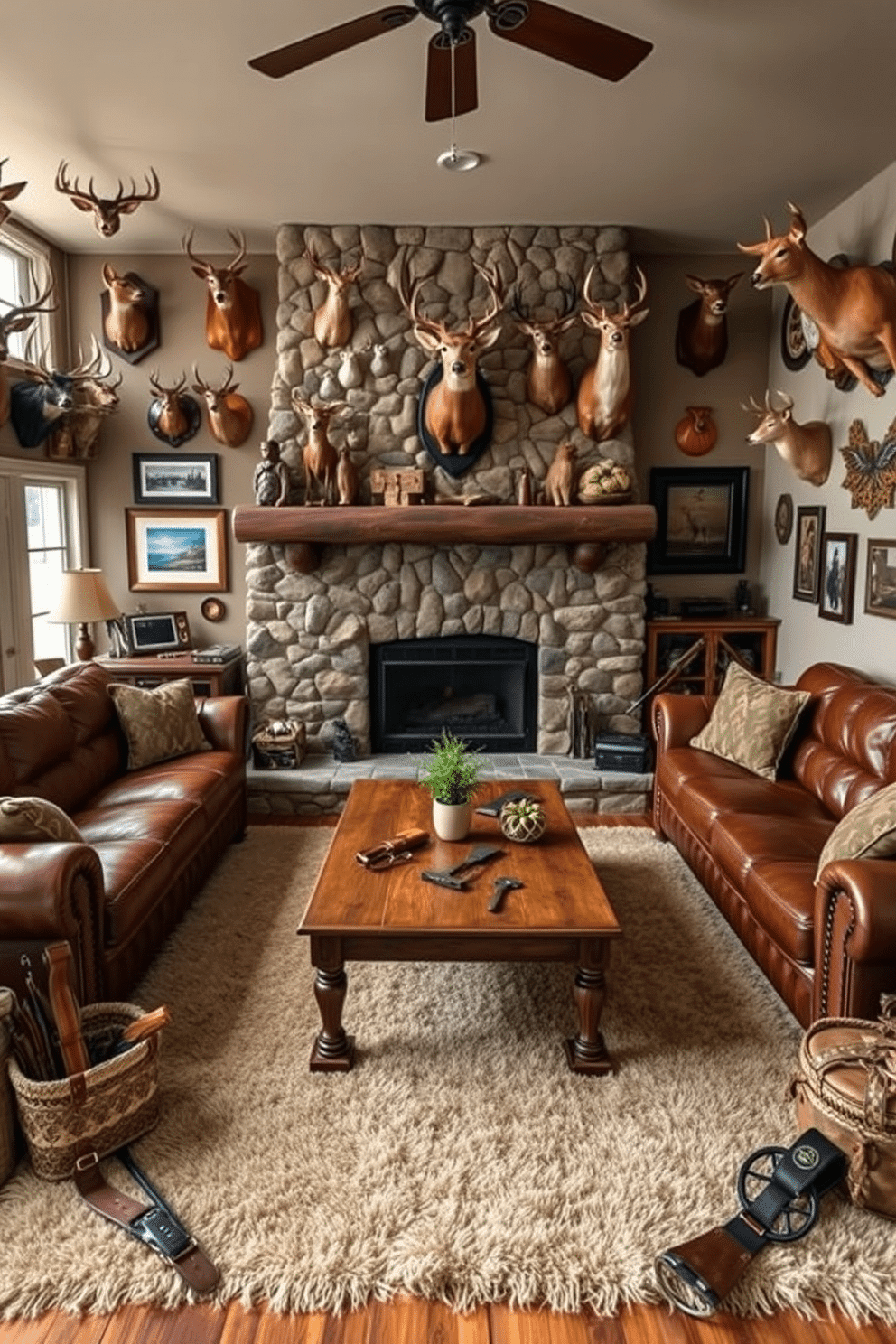 A cozy man cave adorned with hunting trophies as wall accents. The room features a large leather sectional sofa facing a rustic stone fireplace, creating a warm and inviting atmosphere. The walls are decorated with an array of mounted deer heads and framed hunting memorabilia. A wooden coffee table sits in the center, surrounded by vintage hunting gear and a plush area rug to enhance the rustic charm.