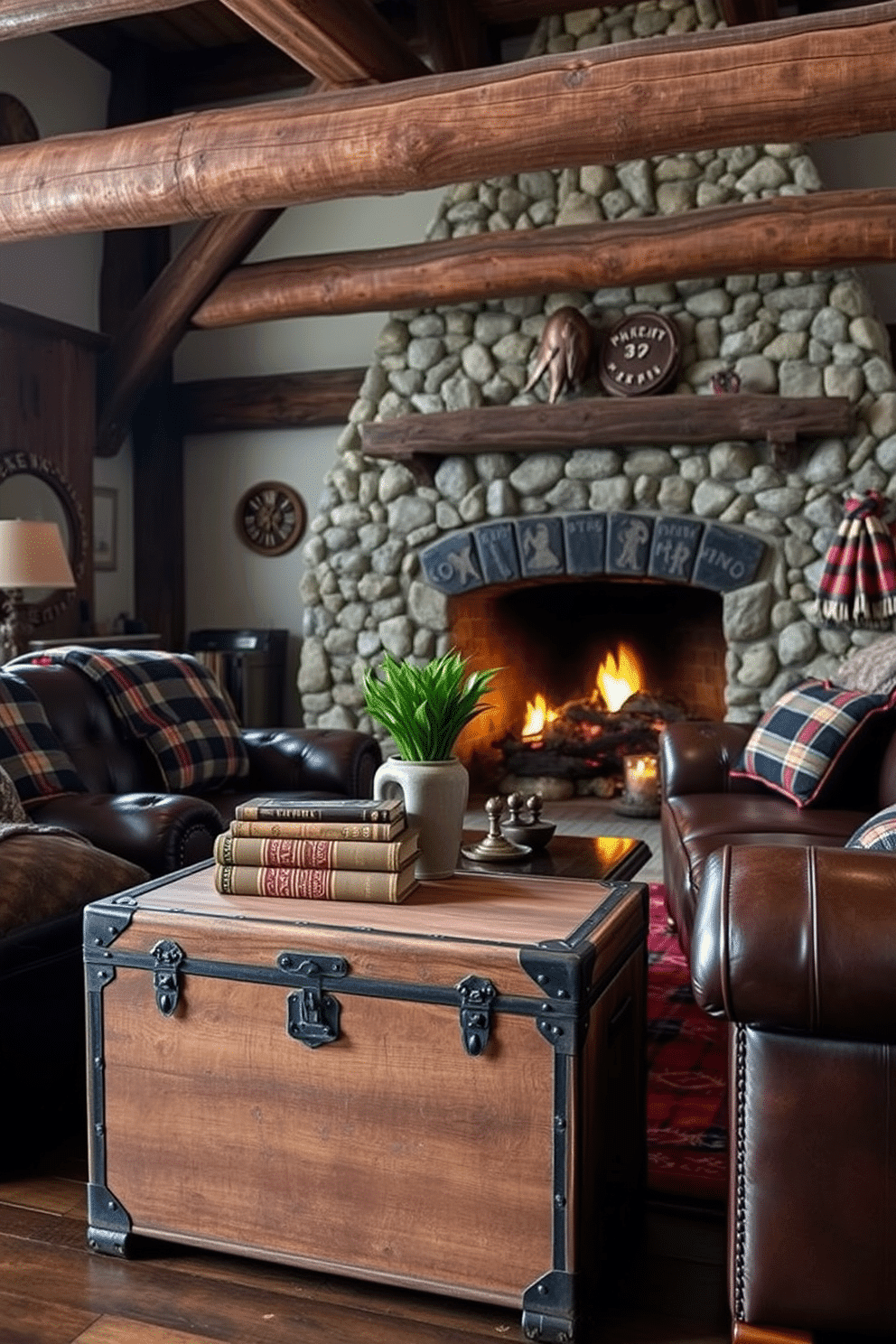 A vintage antique trunk serves as both a functional storage piece and a striking decorative element in the room. Its weathered wood finish adds character, while a few carefully chosen books and a potted plant sit atop, enhancing the rustic charm. The rustic man cave features exposed wooden beams and a stone fireplace, creating a cozy and inviting atmosphere. Leather seating, complemented by plaid throw blankets and vintage sports memorabilia, adds a touch of warmth and personality to the space.