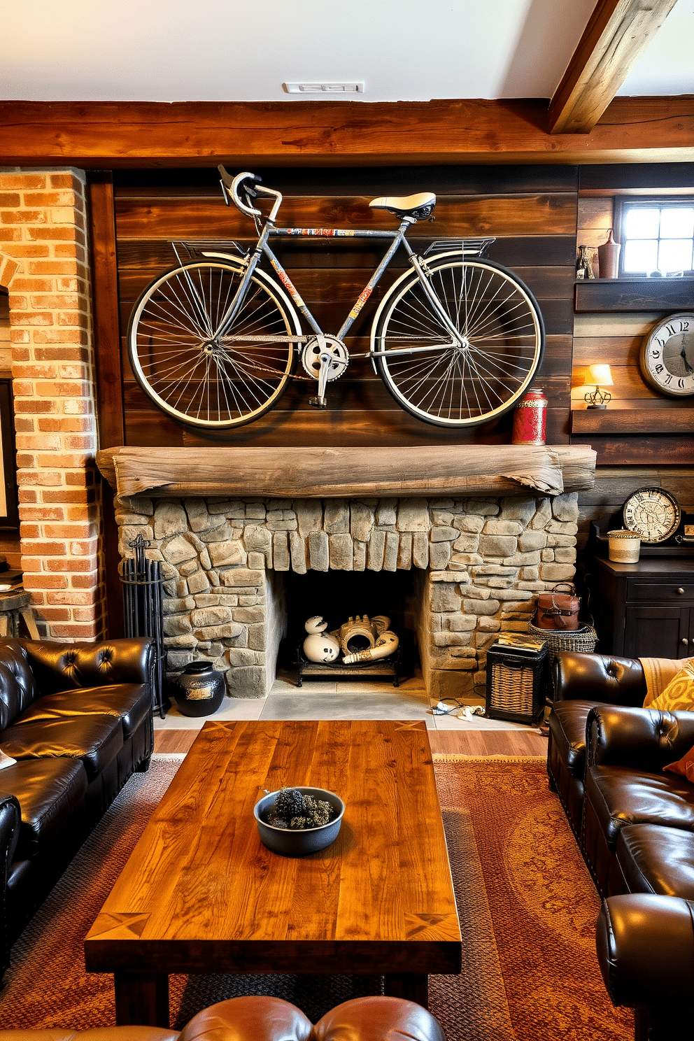 A vintage bicycle is mounted on the wall as a stunning art piece, showcasing its weathered charm and vibrant colors. The surrounding area features exposed brick walls and reclaimed wood accents, creating a warm and inviting atmosphere. The rustic man cave is designed with leather furniture and a large wooden coffee table, perfect for gatherings. A stone fireplace serves as the focal point, complemented by dim lighting and vintage decor elements that enhance the cozy, rugged feel.